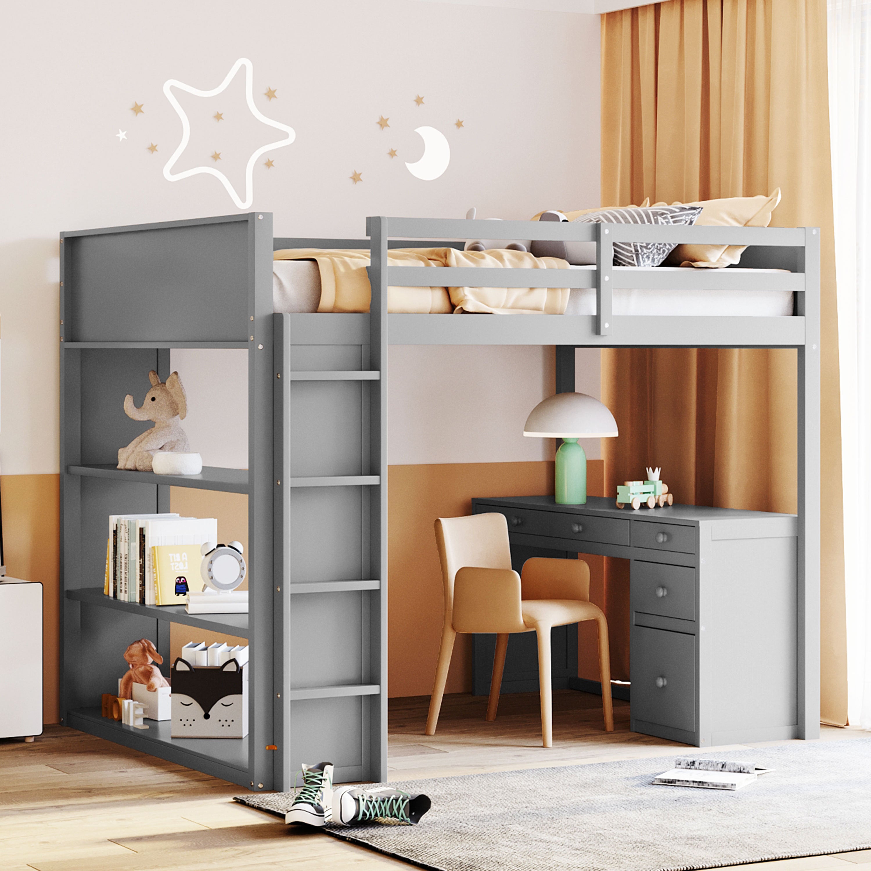 Gray Full Size Loft Bed: Desk, Ladder, Shelves & Storage