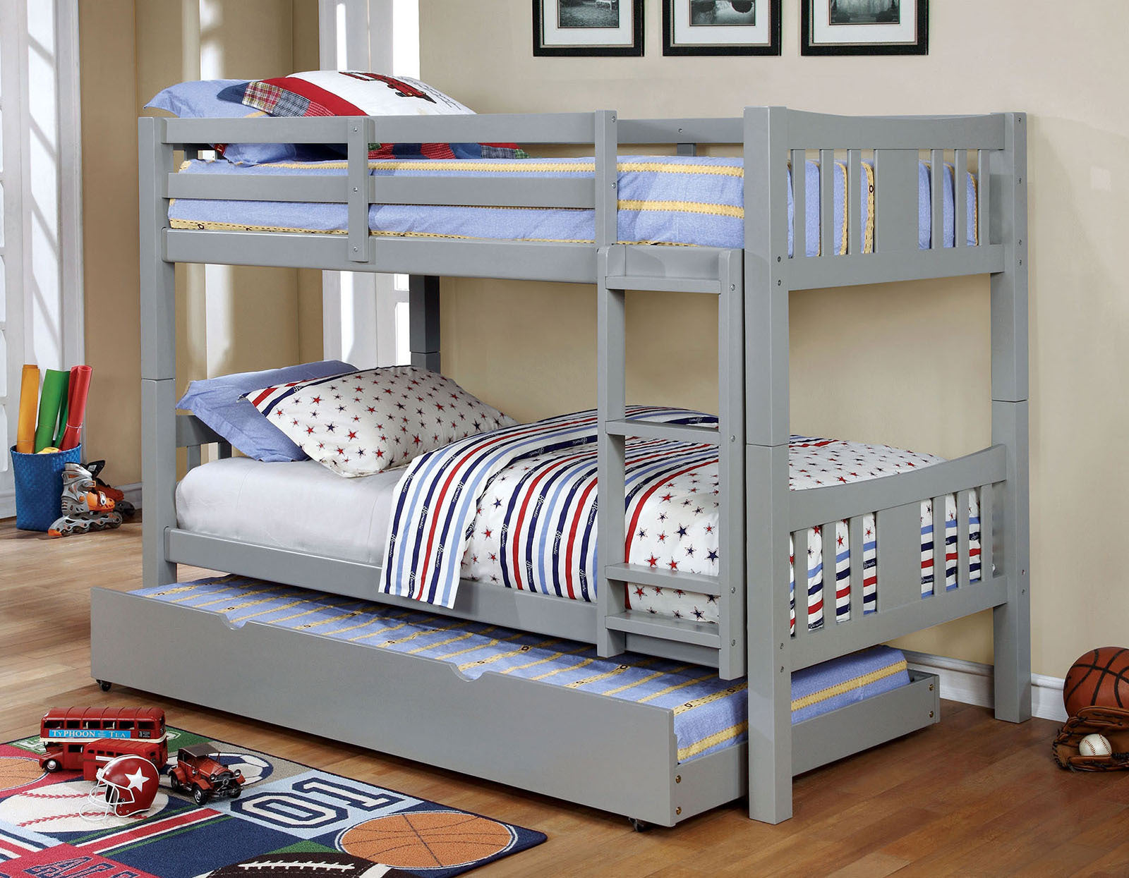 Transitional Gray Twin Over Twin Wooden Bunk Bed w/ Ladder & Rails