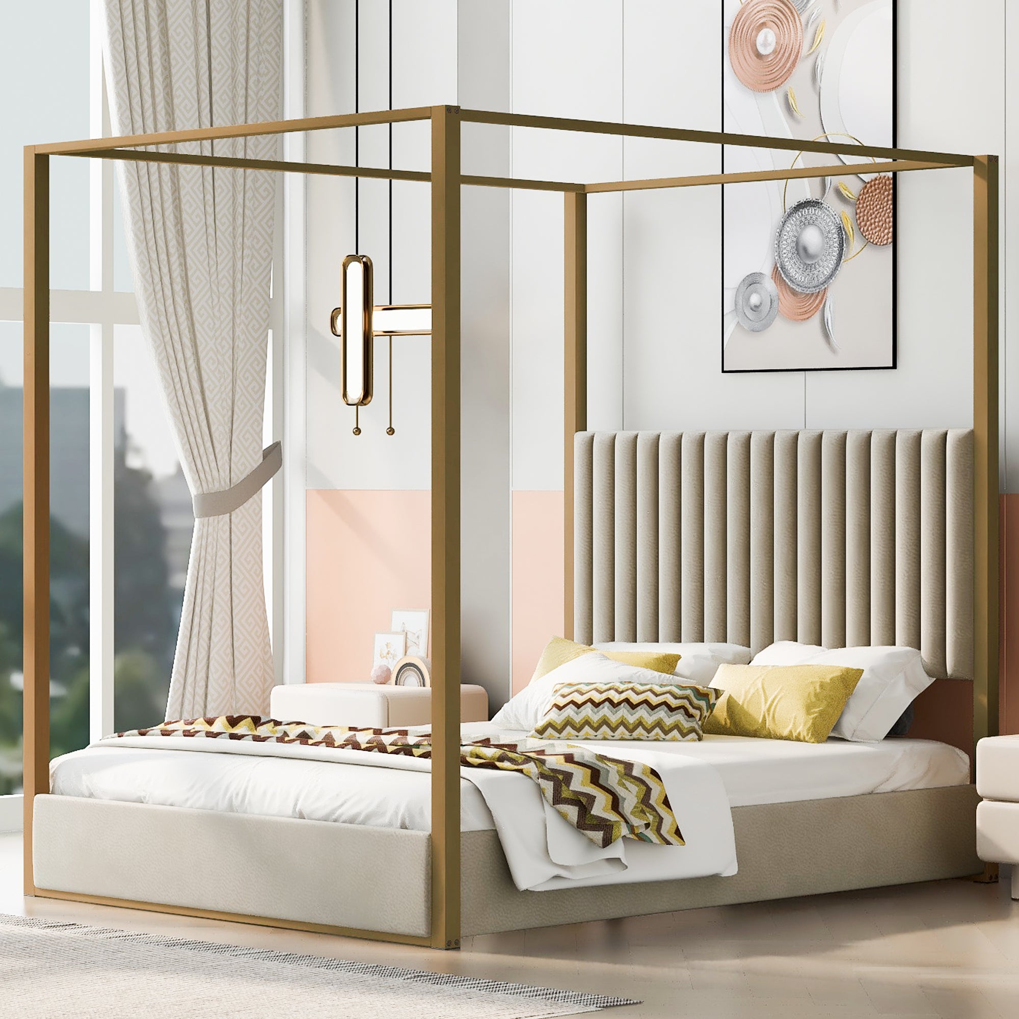 Queen Beige Upholstered Canopy Platform Bed with Headboard