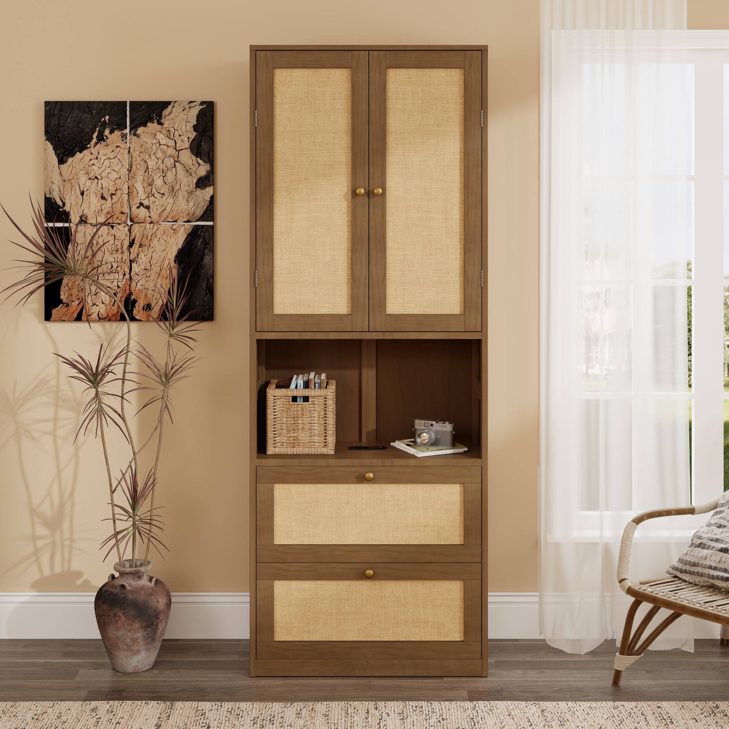 Walnut Bookshelf: USB, 2 Doors, 3 Drawers Storage Cabinet