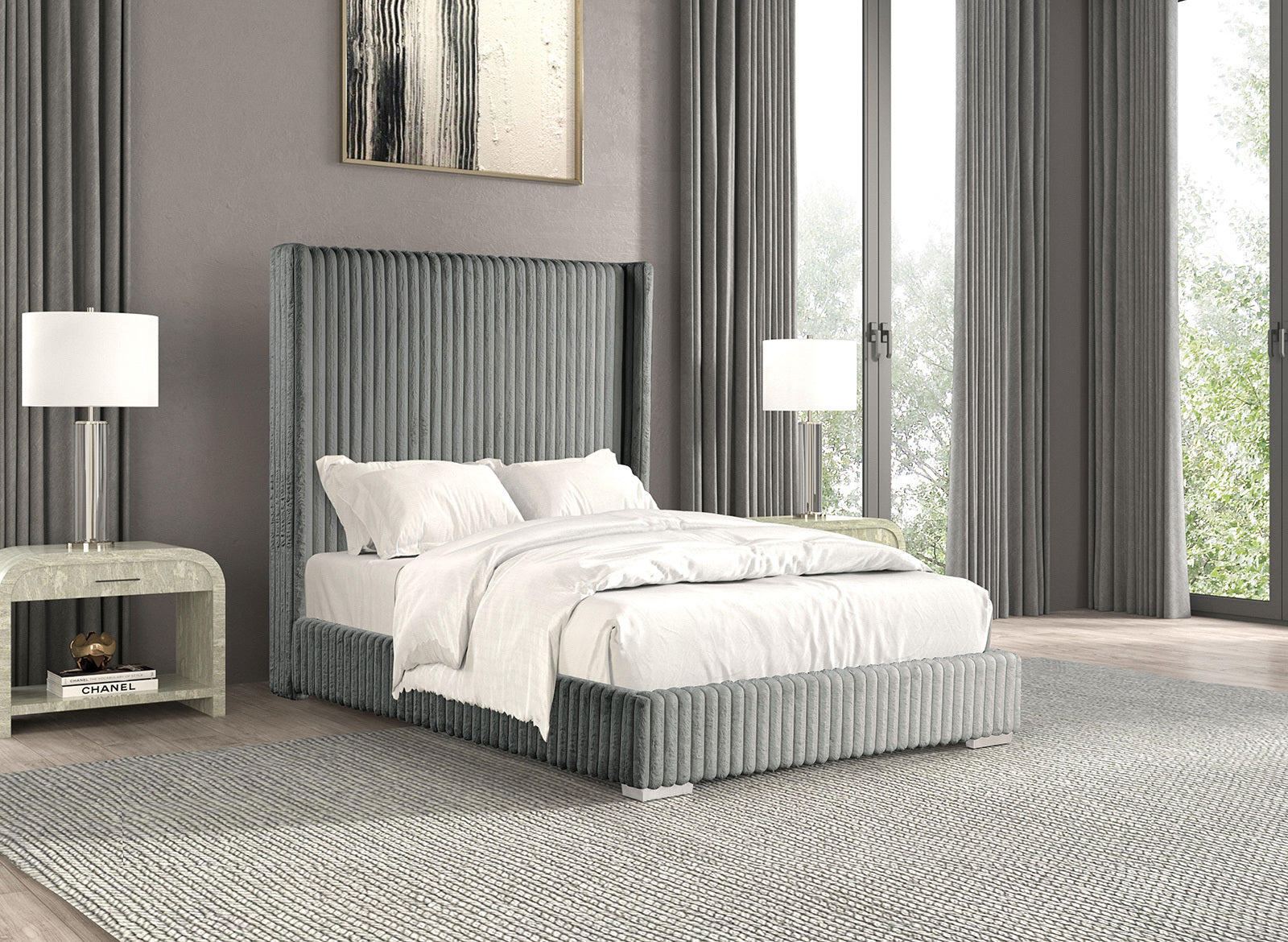 Gray Contemporary Twin Bed: Fur Chenille Fabric, Mattress Ready