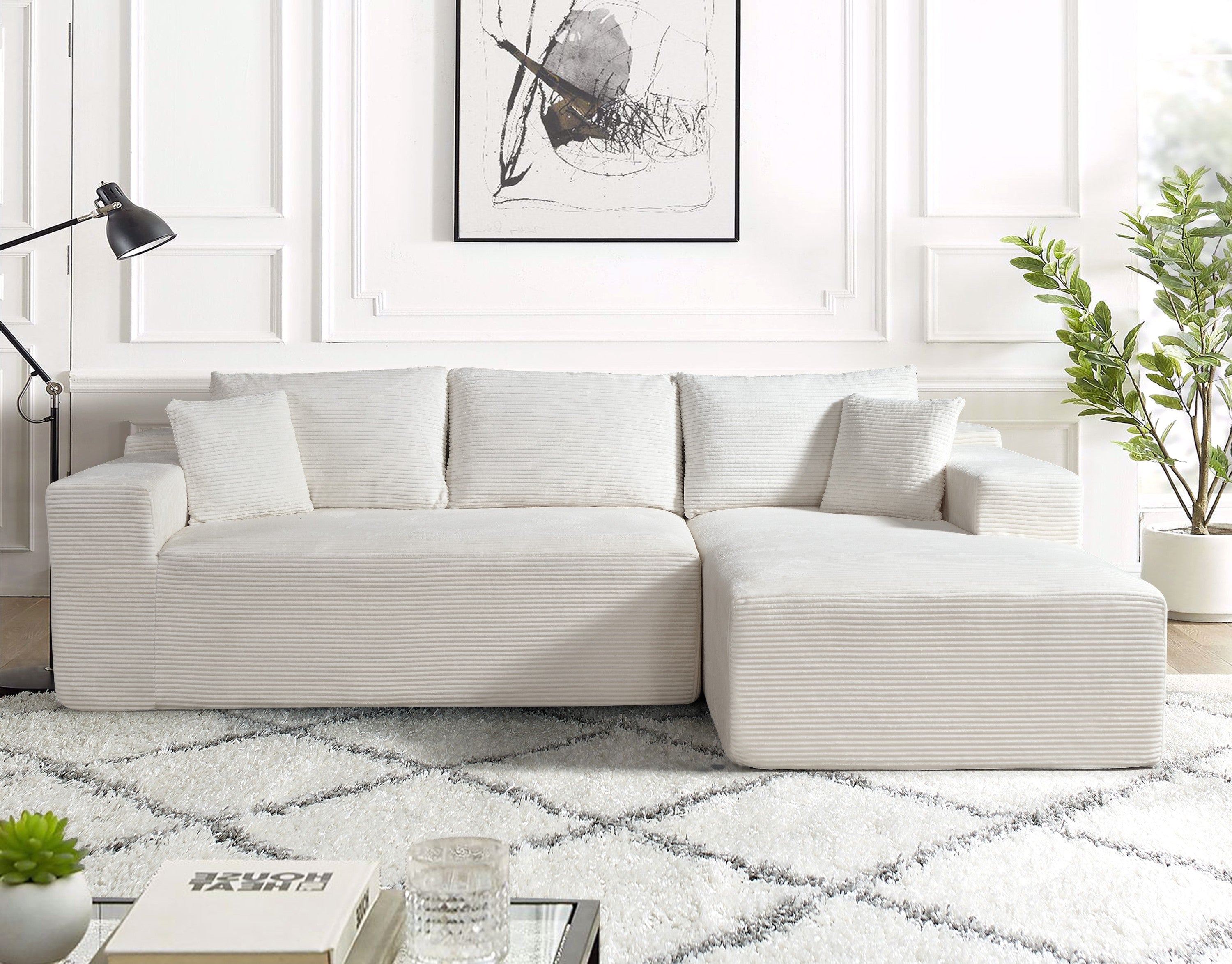 Corduroy L-Shaped Sofa-in-a-Box, Convertible 3-Seater Beige