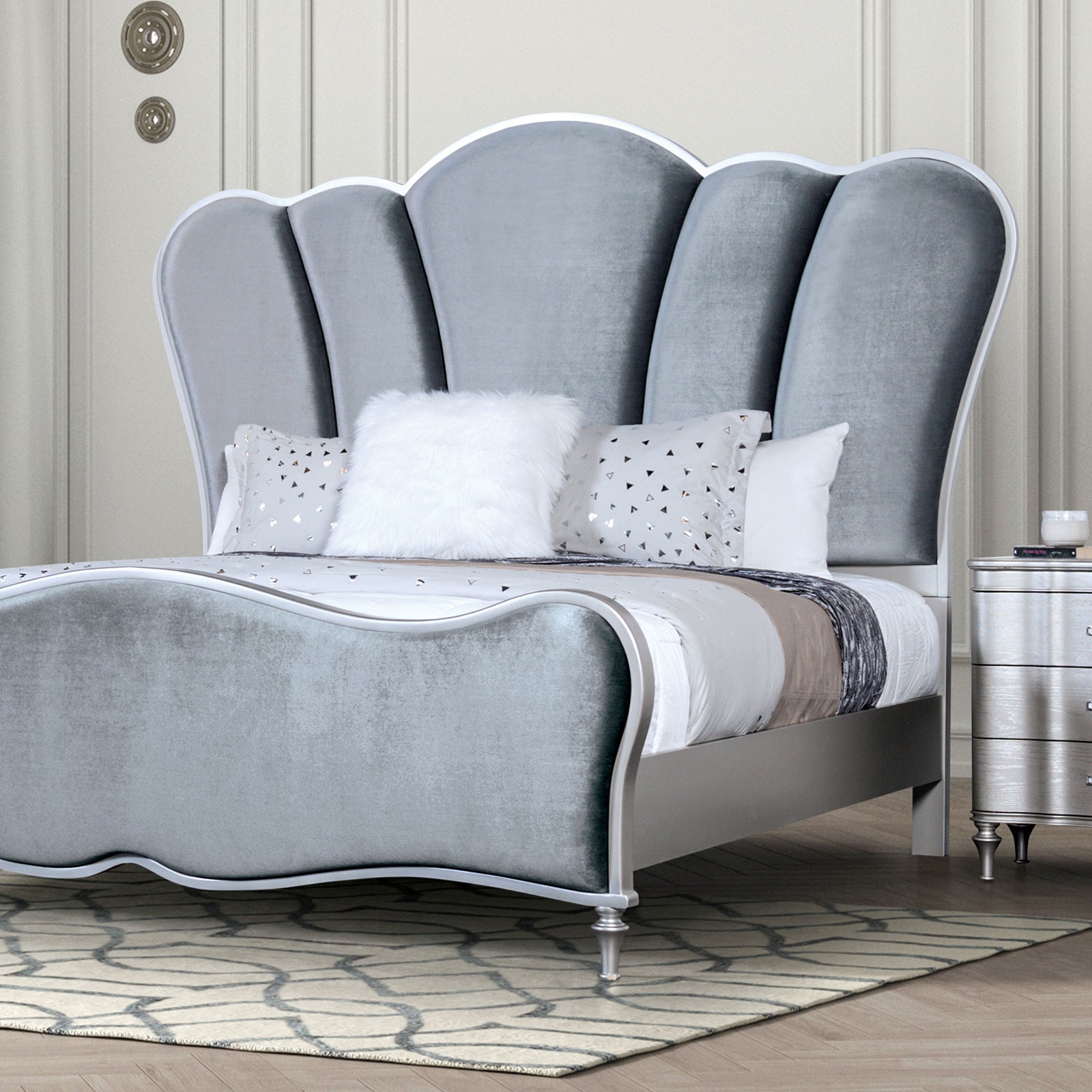 Glam Silver Fabric Eastern King Bed Padded Channel Headboard