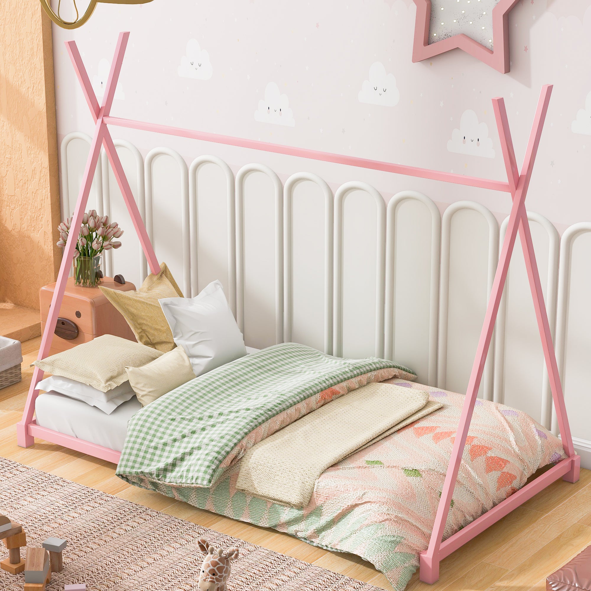 Pink Metal Twin House Platform Bed w/ Triangle Frame