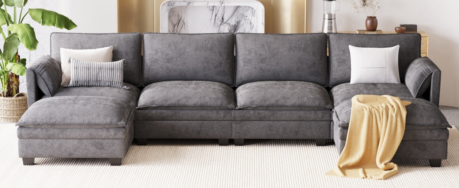 Modern Fabric Large 6-Seater U-Shaped Sofa, Ottoman, Pockets