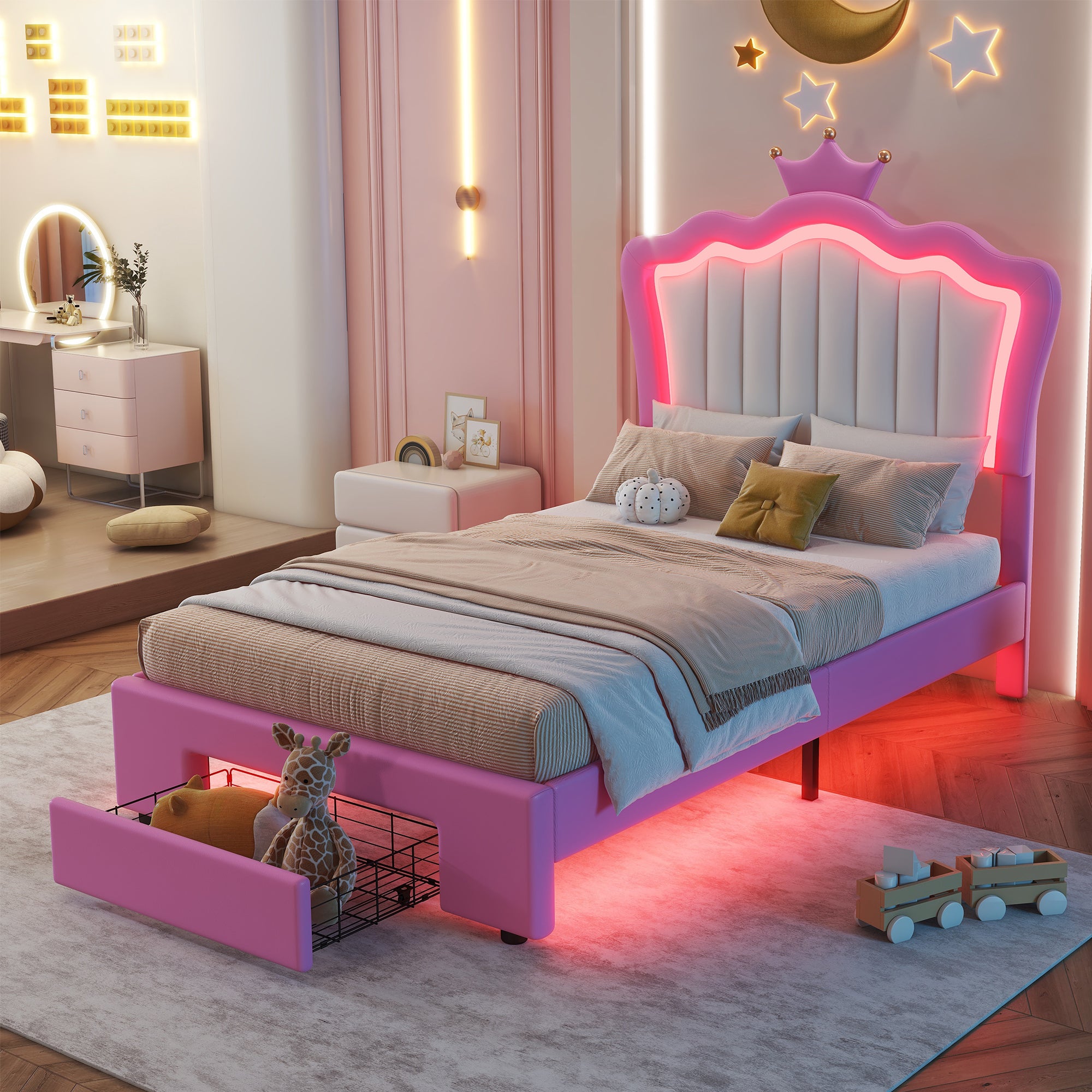 Pink Twin Upholstered Bed with LED Lights & Drawer