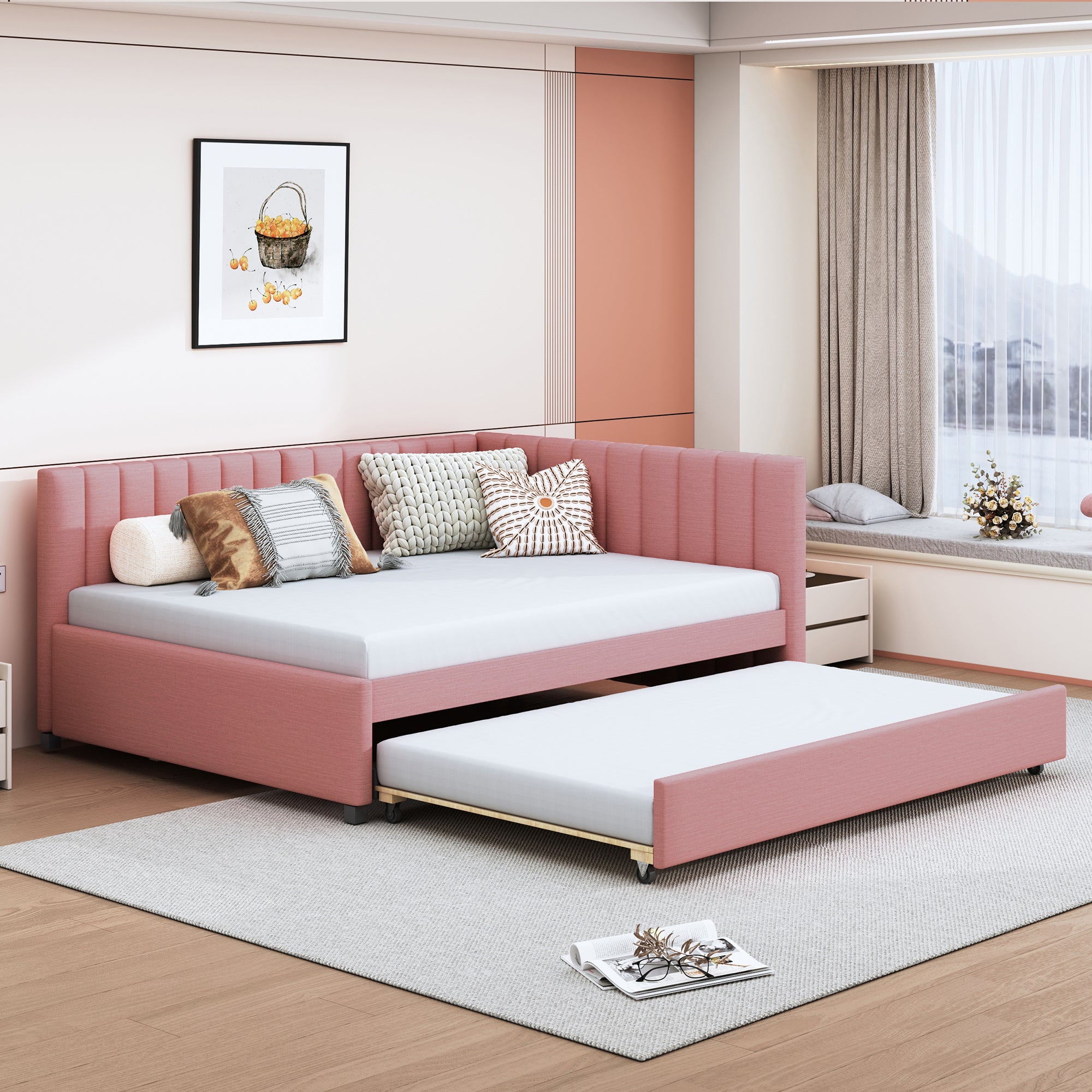 Full Size Upholstered Daybed with Trundle & Sofa, No Box Spring Needed - Pink