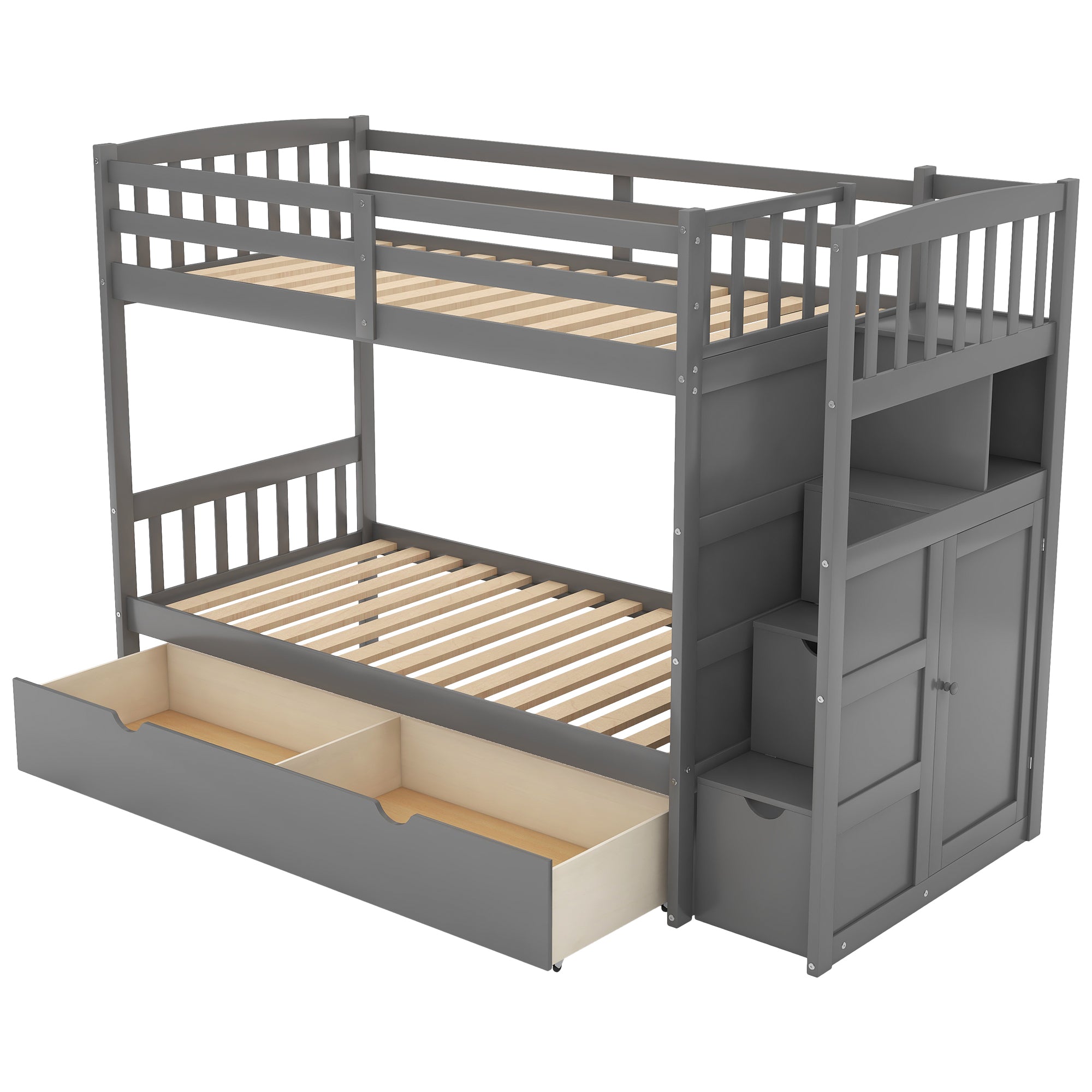 Bryson Grey Convertible Bunk Bed: Twin/Full/Twin, Storage Shelves & Drawers