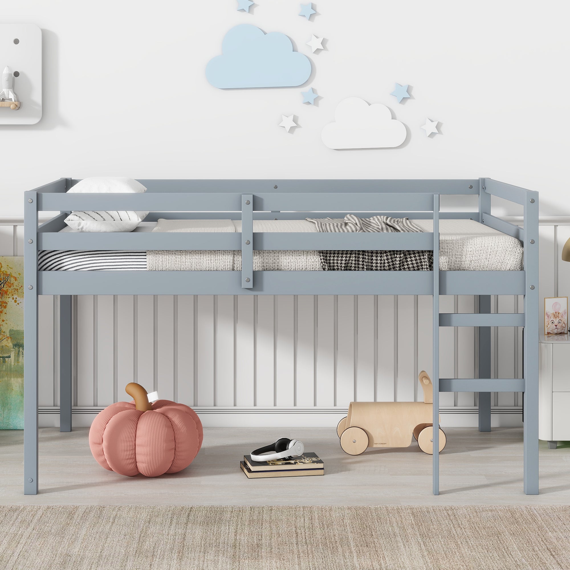 Grey Solid Wood Twin Loft Bed with Ladder & Strengthened Slats
