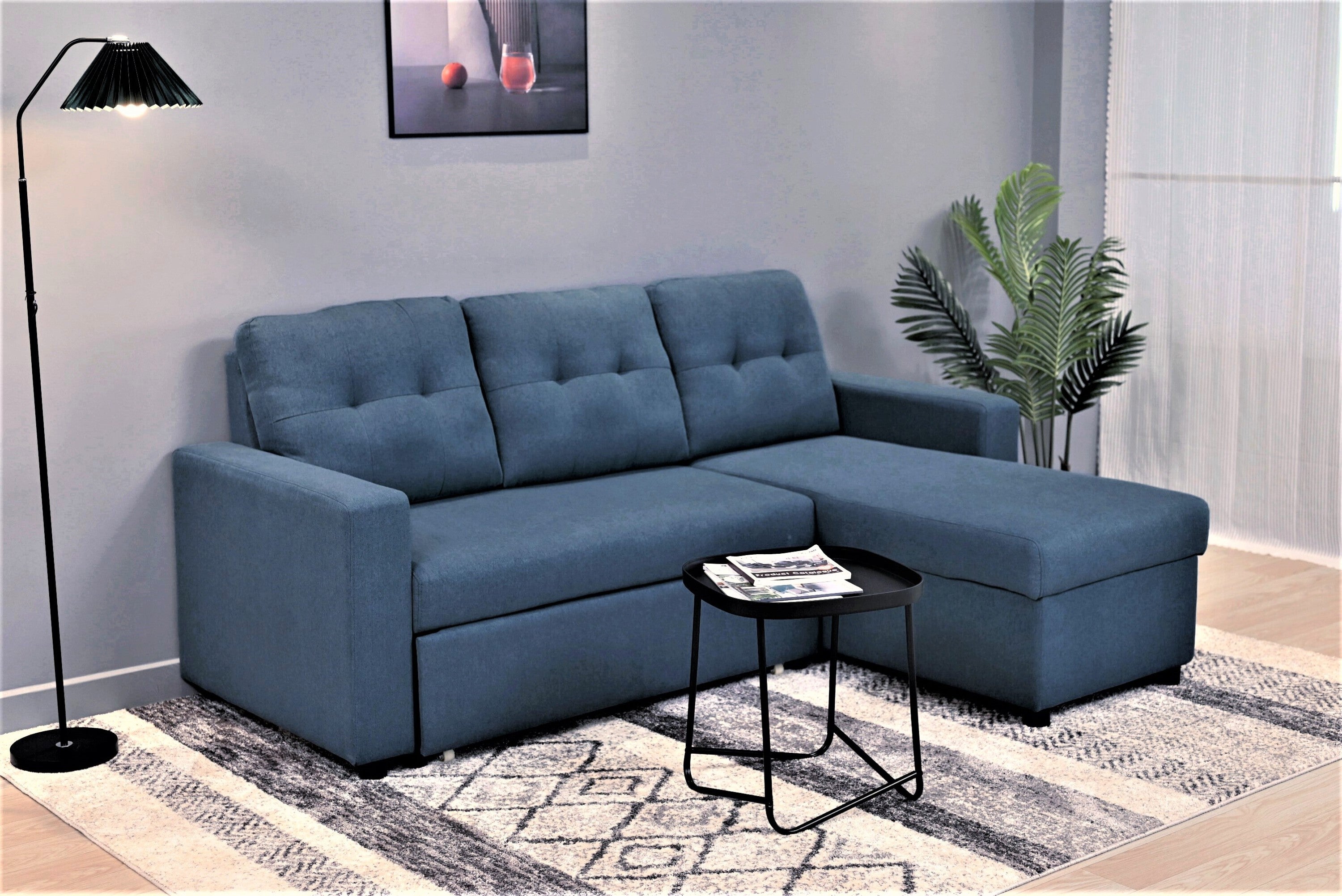 Blue Convertible L-Shaped Sleeper Sofa Small Spaces