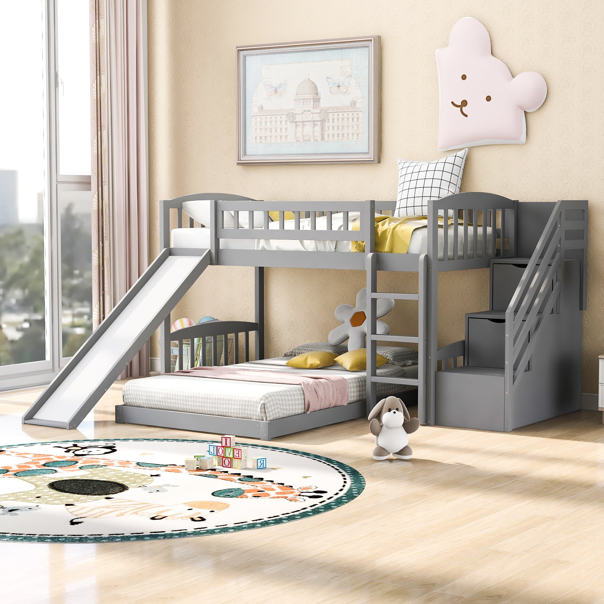 Stairway Twin Over Twin Bunk Bed with Slide & Storage Drawers, Gray