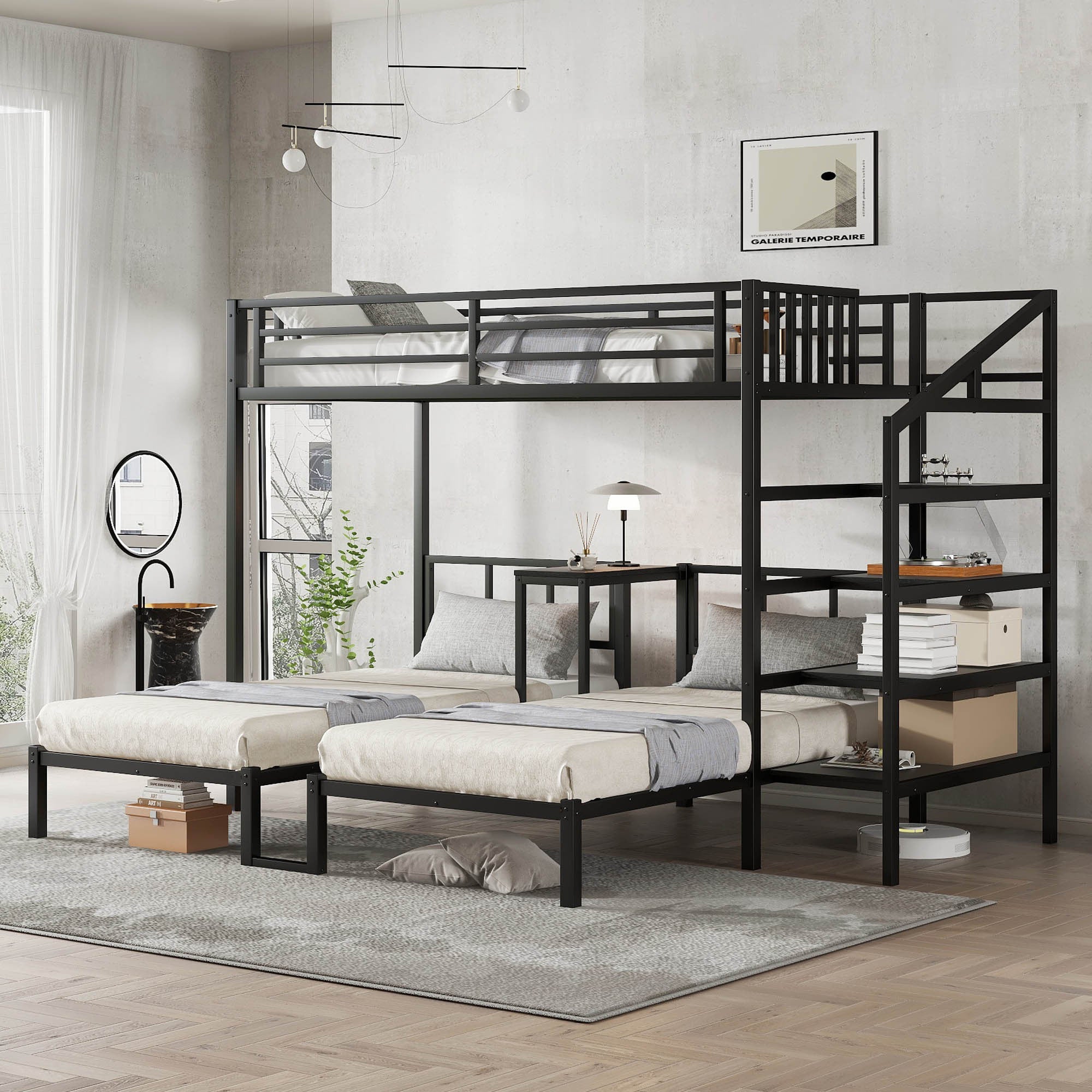 Twin/Twin XL Triple Metal Bunk Bed w/ Desk, Shelves, Space Saving, Black