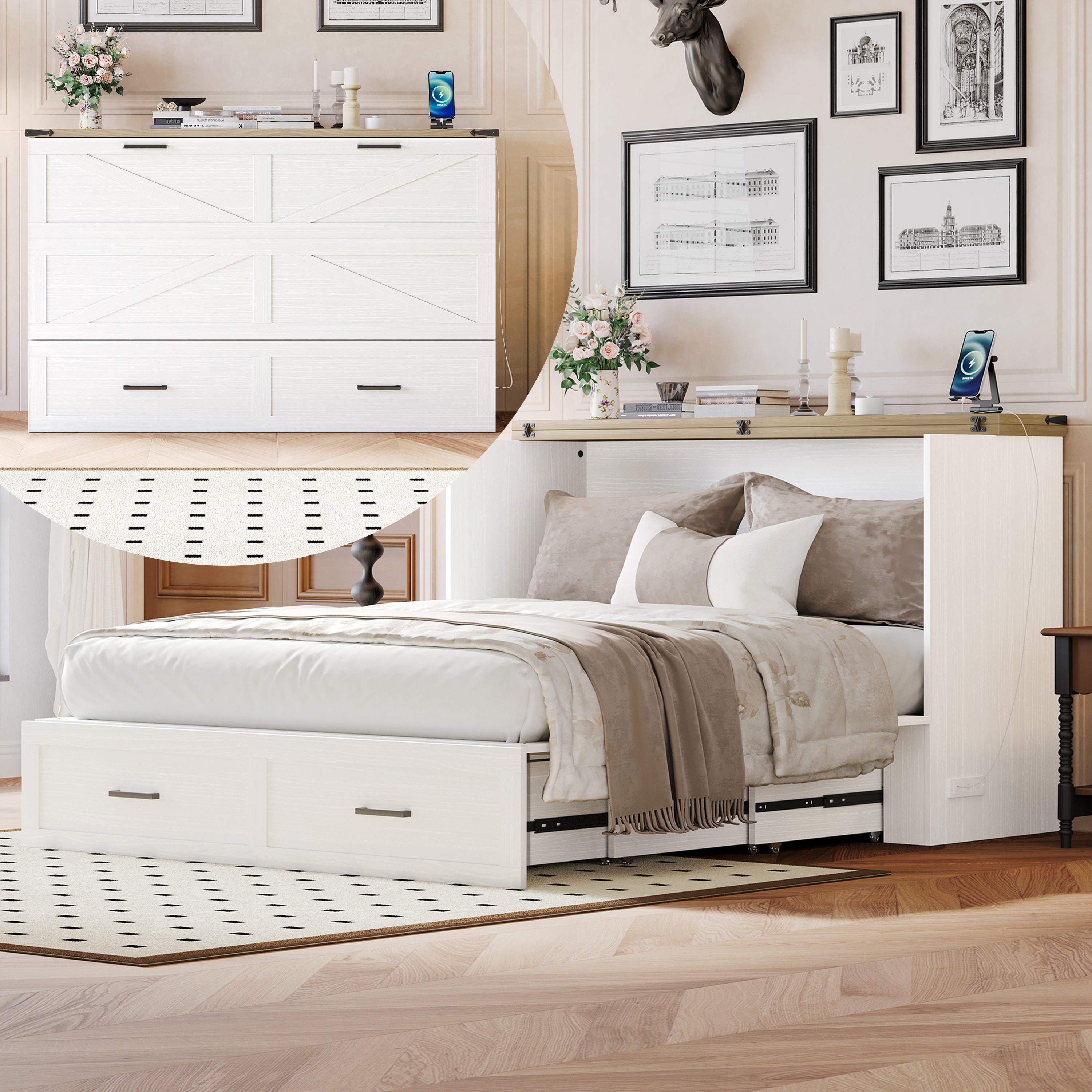 Queen Size Farmhouse Murphy Cabinet Bed with Charging Station & Storage Drawer