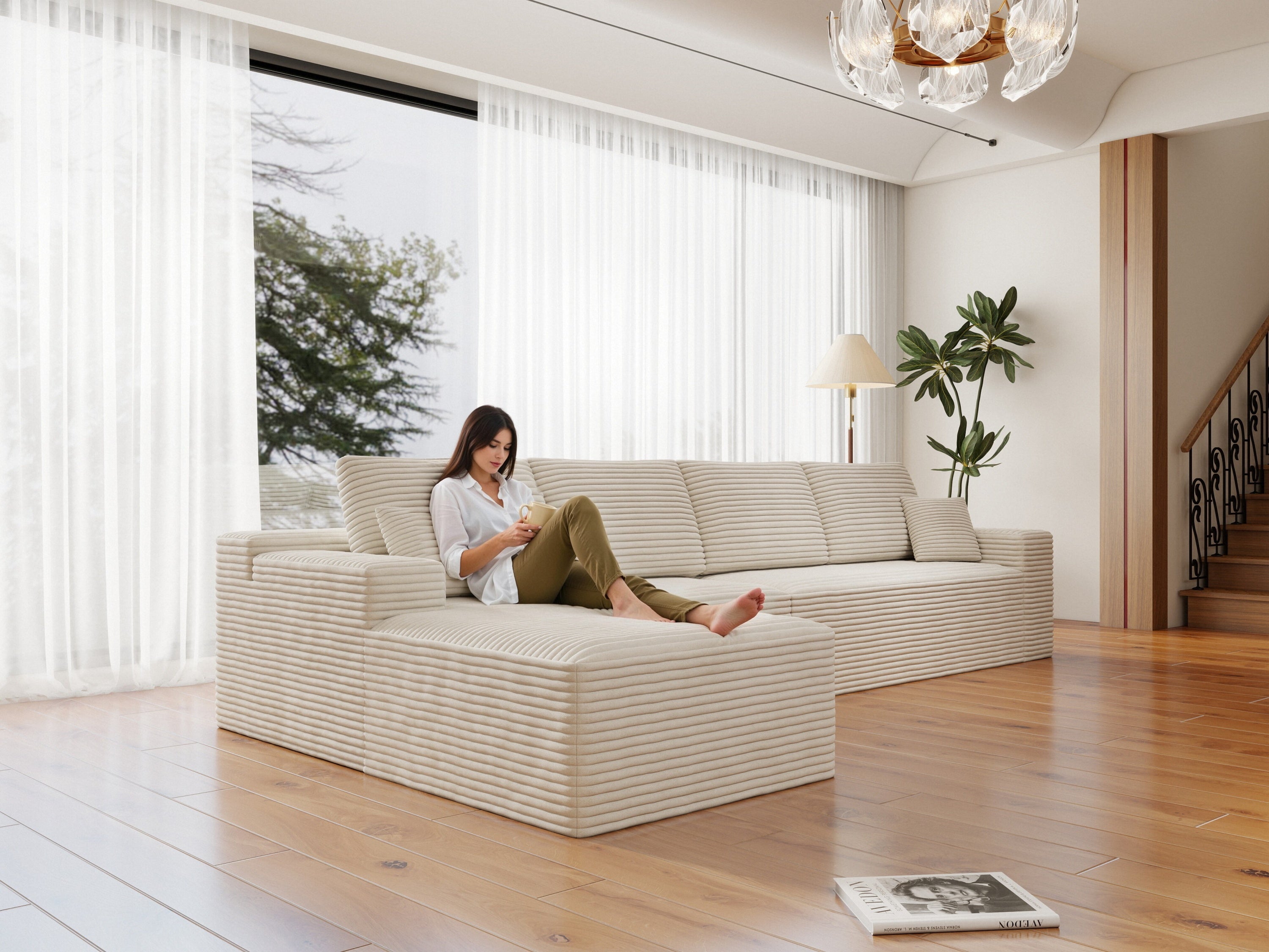 White Plush Corduroy Modular Sectional Sofa - No Assembly