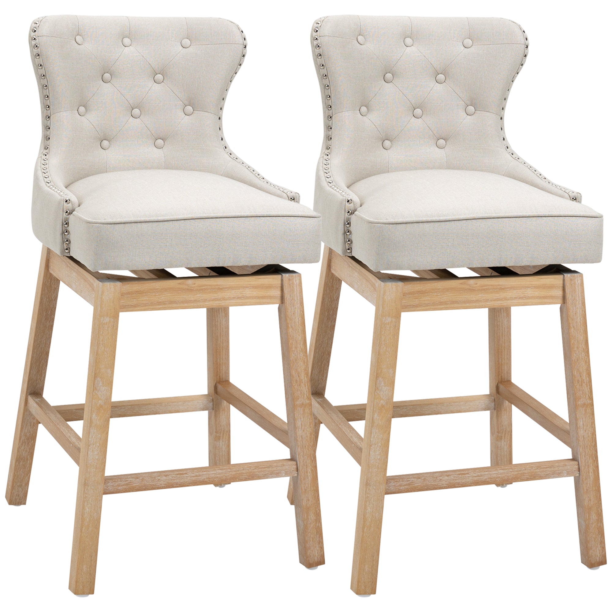 Cream Upholstered Swivel Bar Height Stools Set 2 Nailhead