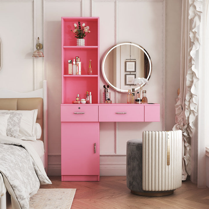 Pink Modern Hair Desk with Multi-Layer Storage