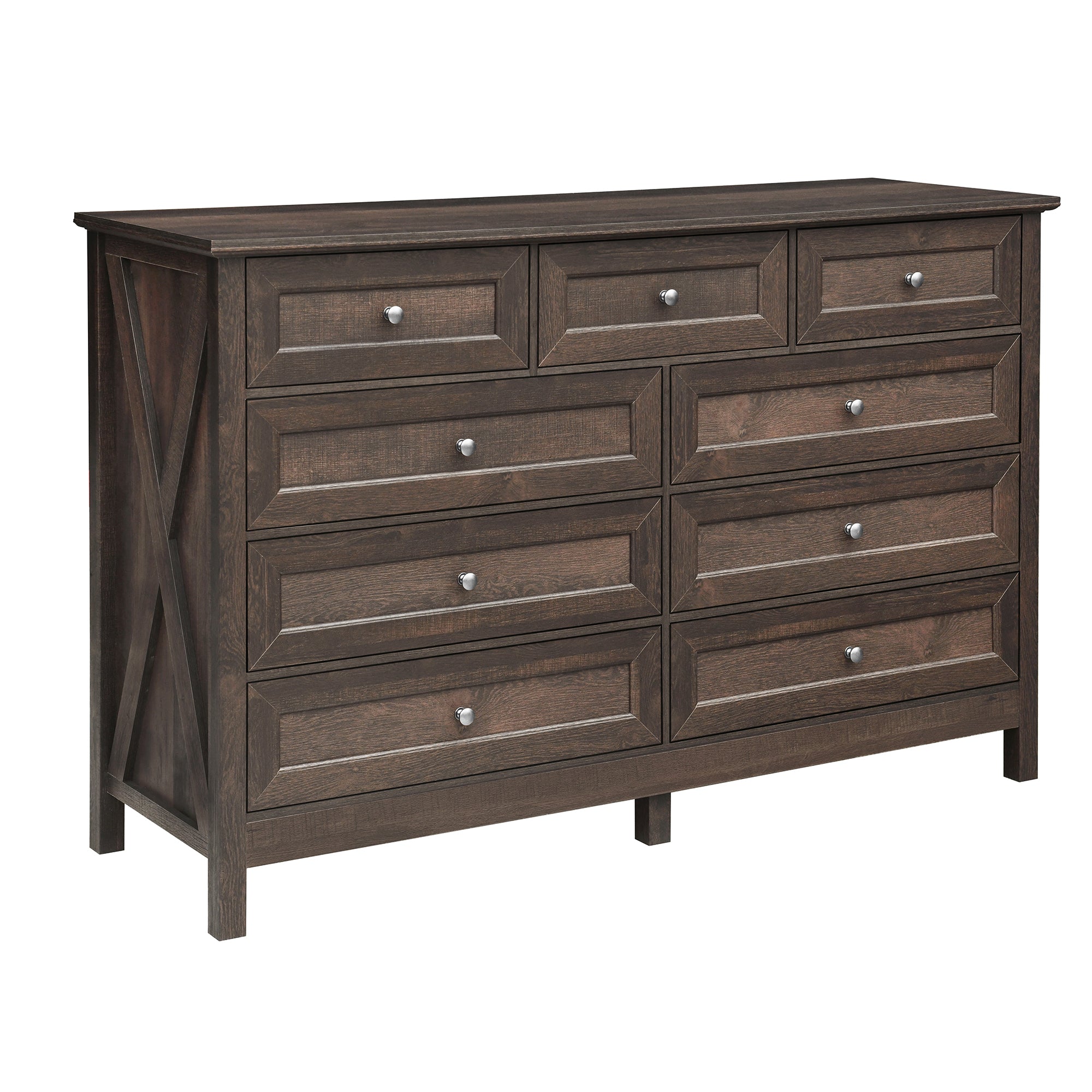 Rustic Brown Wood 9-Drawer Dresser with Silver Handles
