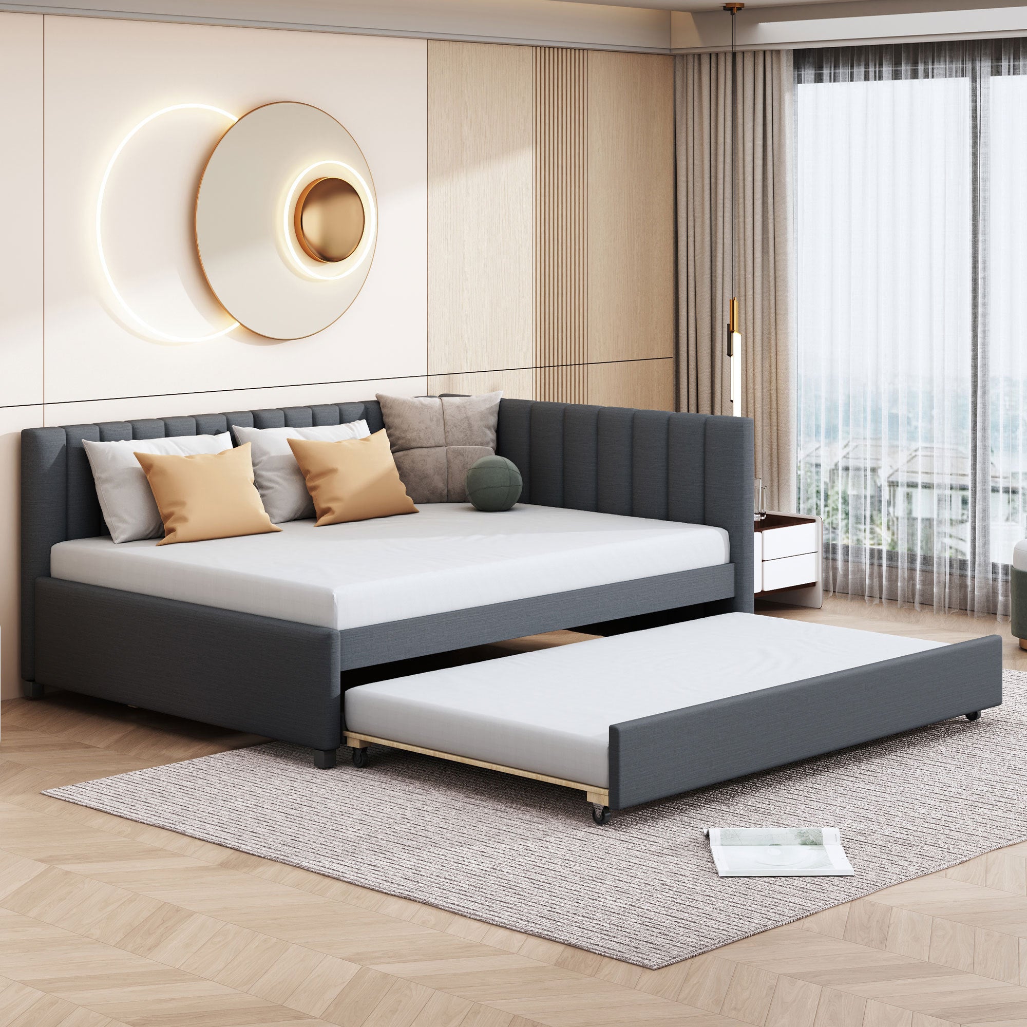 Full Size Upholstered Daybed with Trundle - Sofa Bed, No Box Spring, Gray