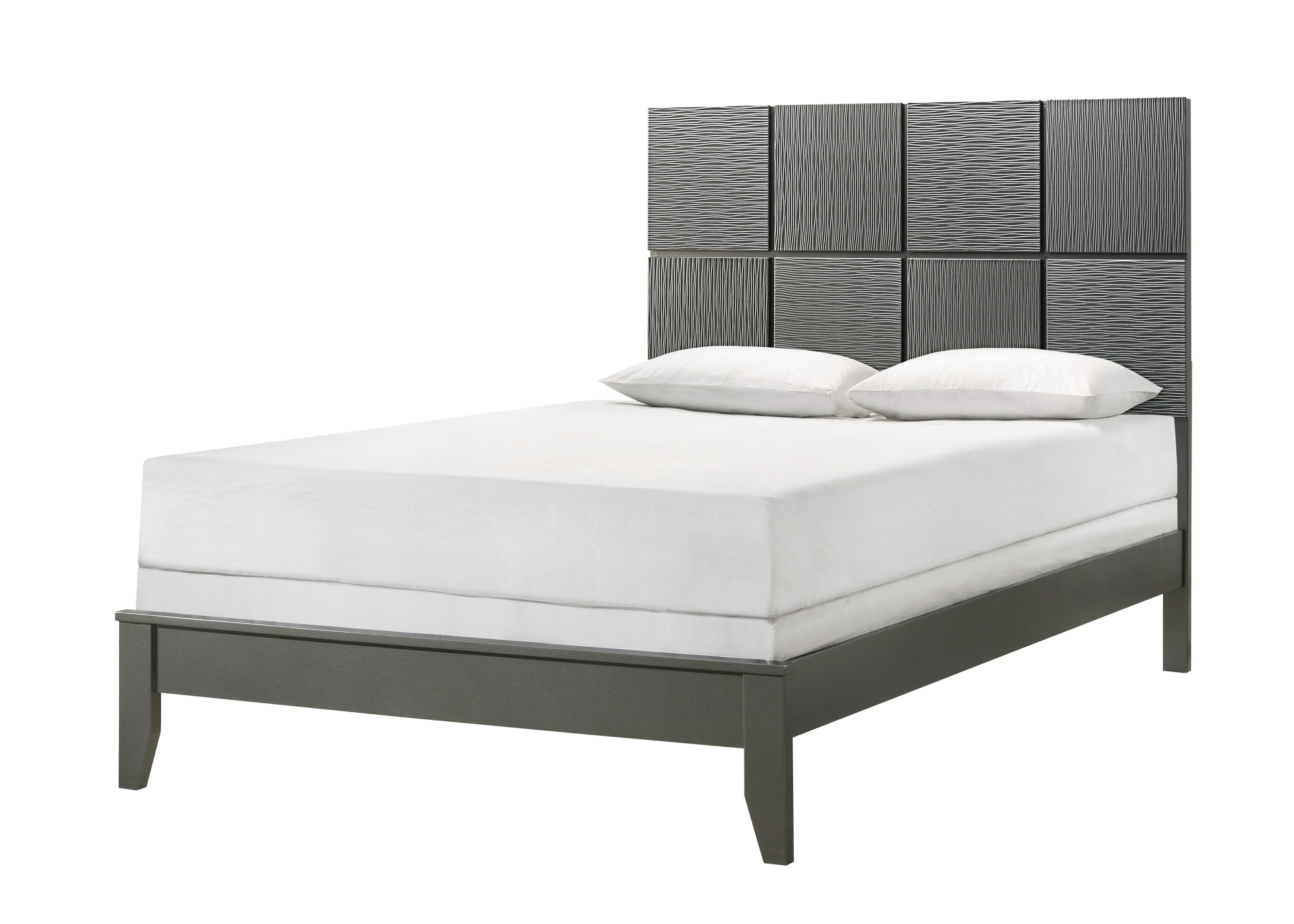 Contemporary Full Size Bed - Geometric Headboard, Gray Gun Metal Finish