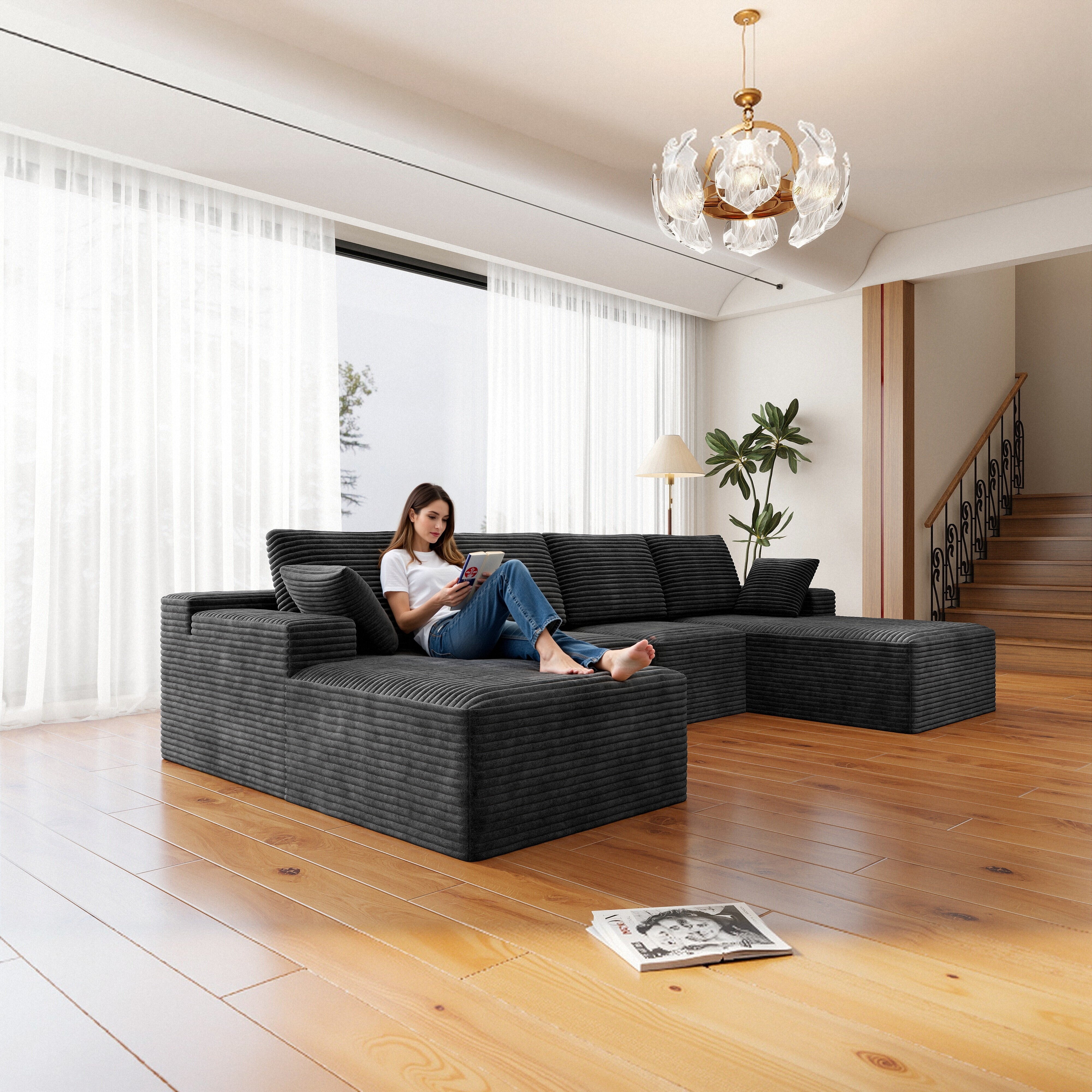 Grey Modular Sectional Sofa, Plush Corduroy, No Assembly