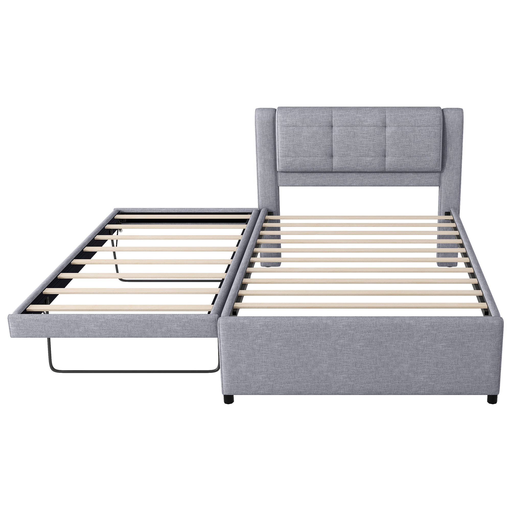 Gray Full Size Upholstered Platform Bed with Adjustable Trundle