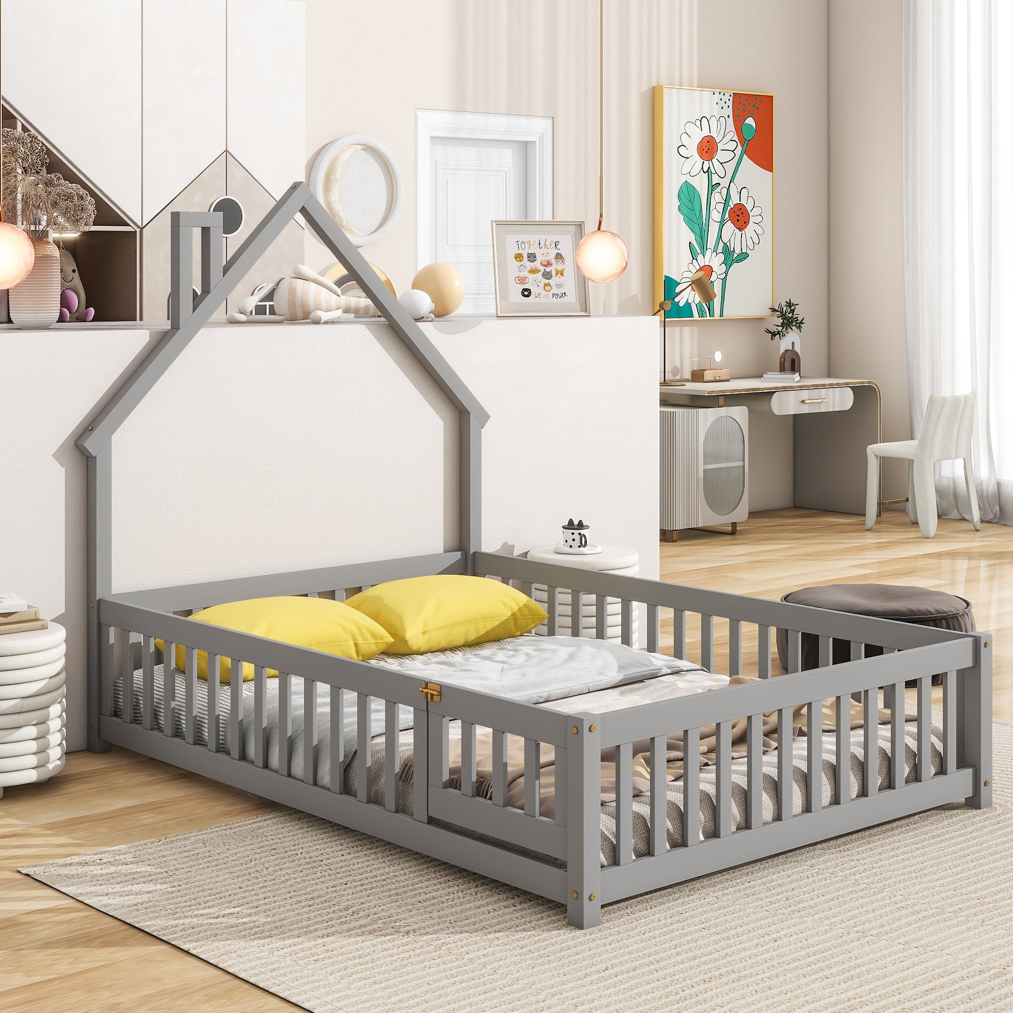 Full Grey House-Shaped Floor Bed with Fence Headboard