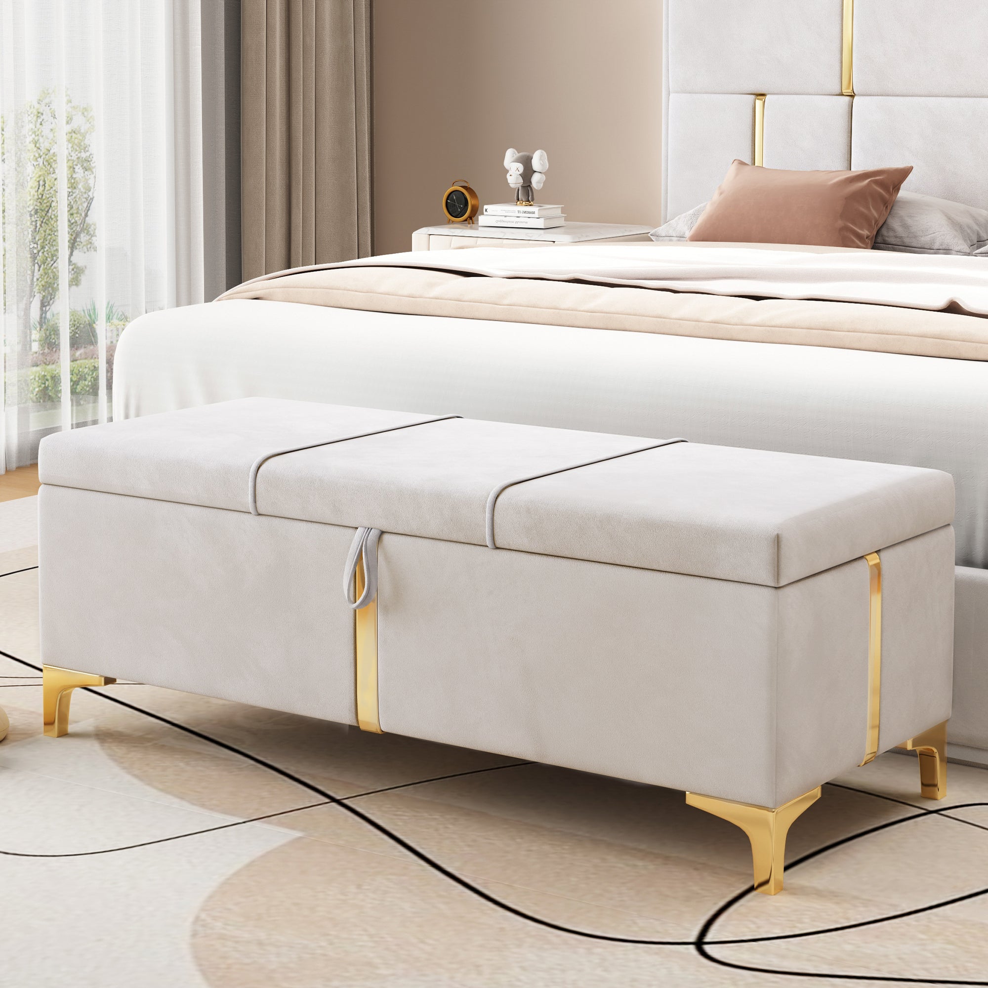 Elegant Beige Upholstered Storage Ottoman & Bench w/ Metal Legs