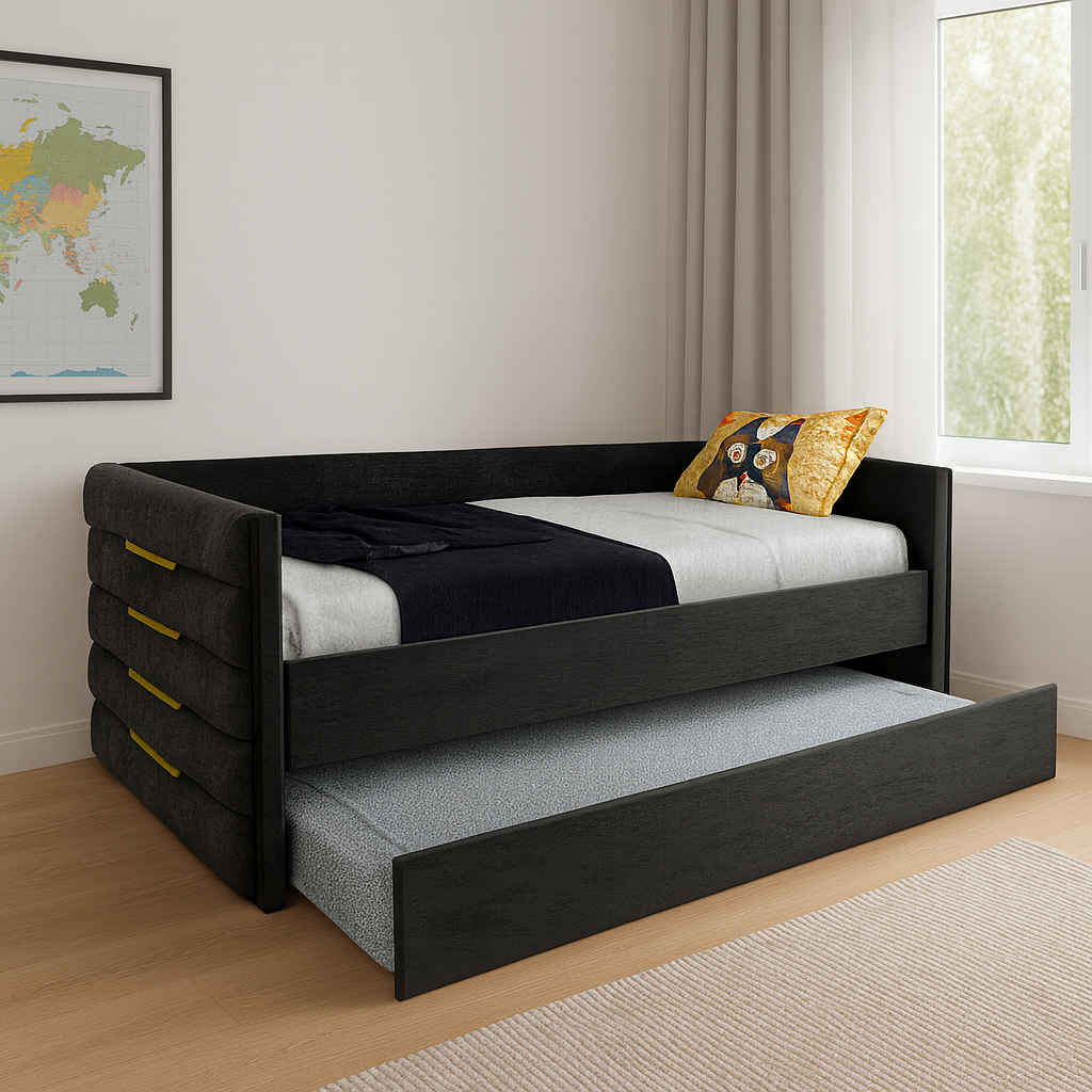 Modern Twin Daybed with Trundle - Black Velvet & Gold Accents