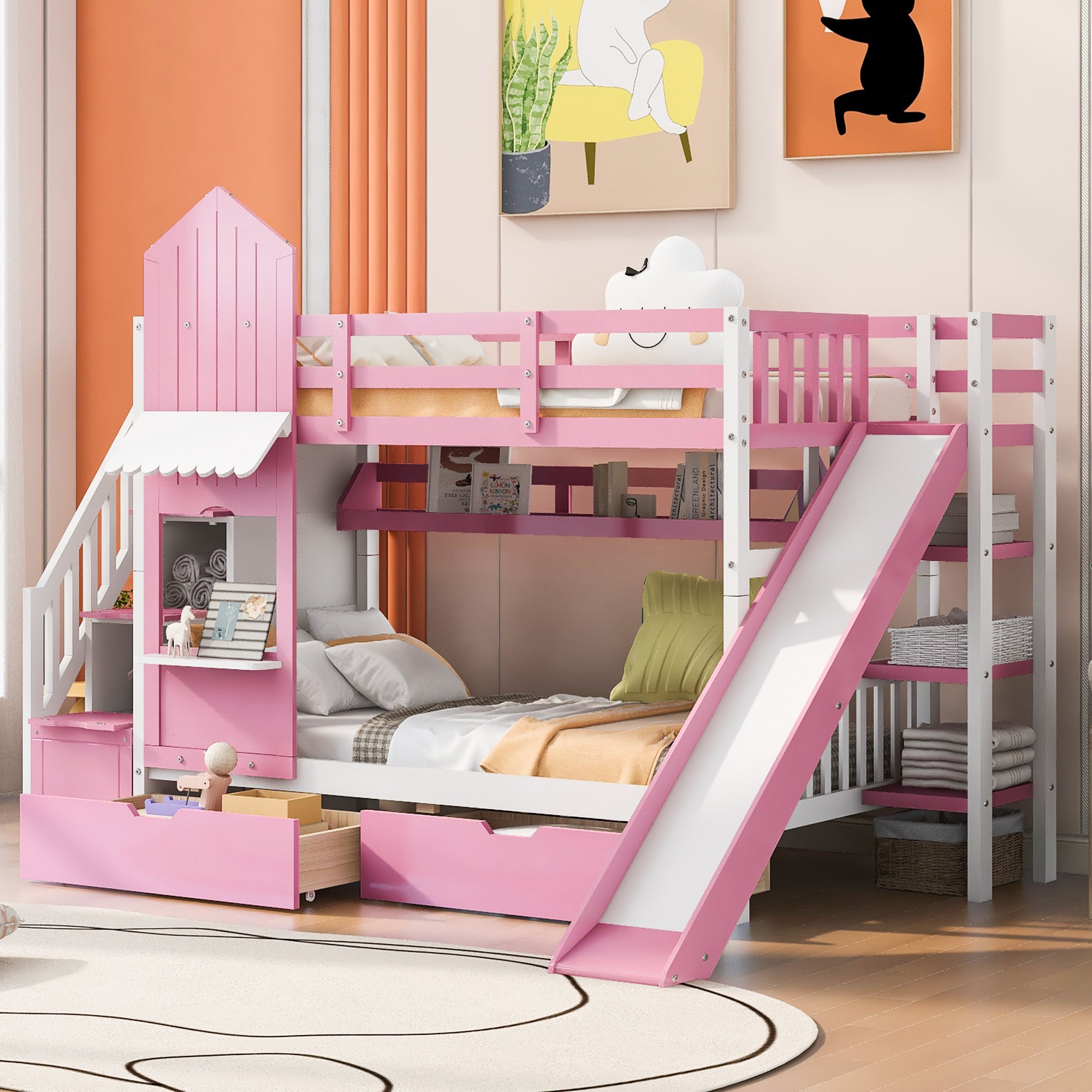 Pink Castle Twin-Over-Twin Bunk Bed w/ Slide & Storage