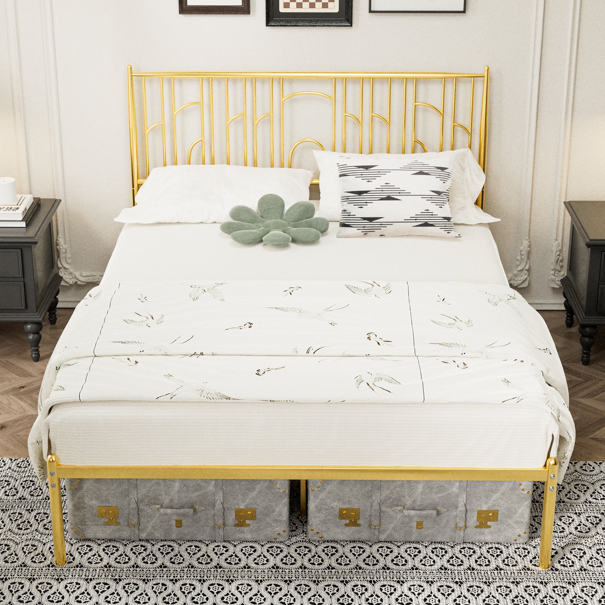Gold Queen Metal Steel Platform Bed Frame with Iron-art Headboard