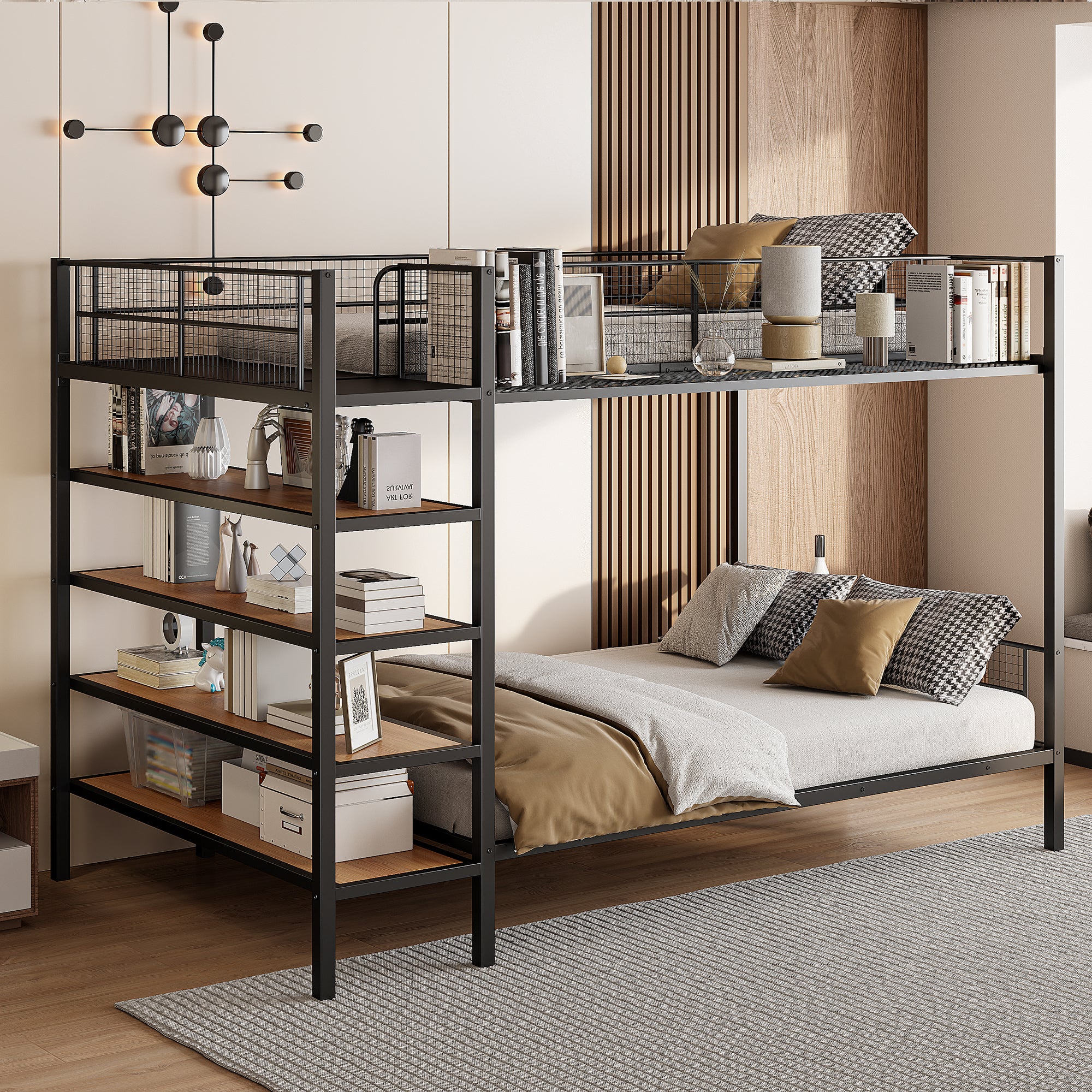 Black Metal Twin Over Full Bunk Bed with Integrated 5-Tier Shelves