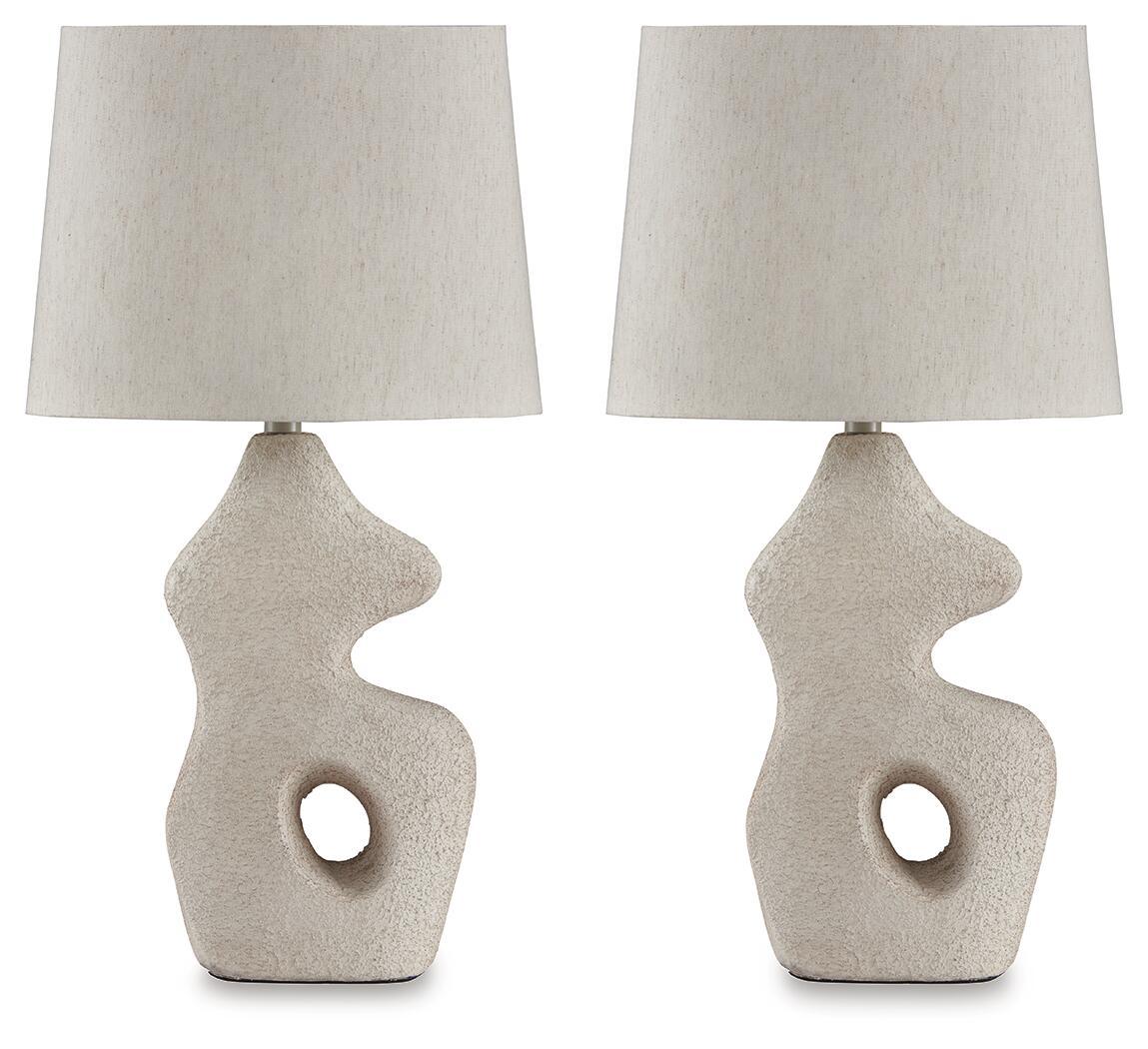 Set of 2 paper table lamps with beige fabric shades and ceramic base, cutout detail