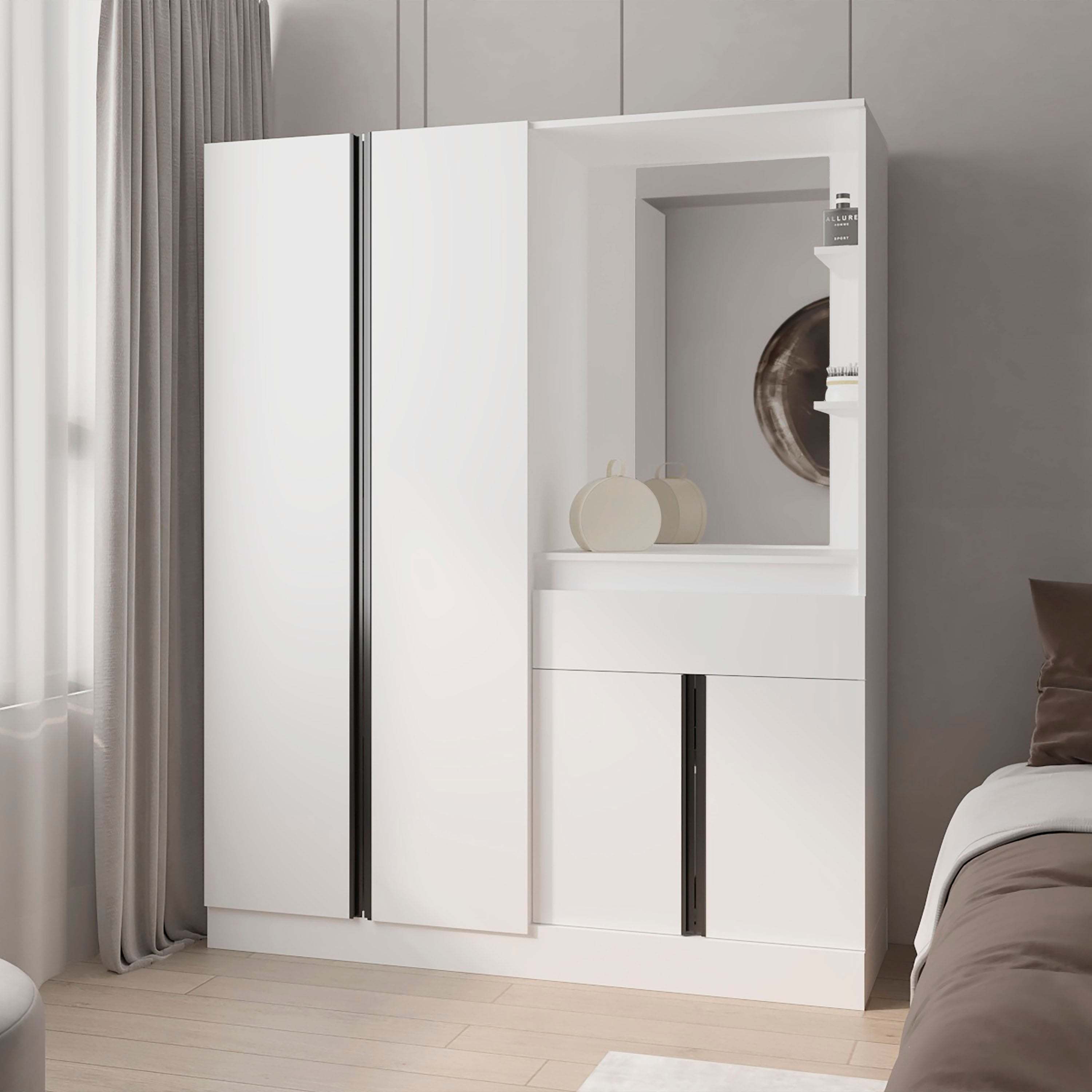 White Wardrobe with Vanity Mirror & Storage Solutions