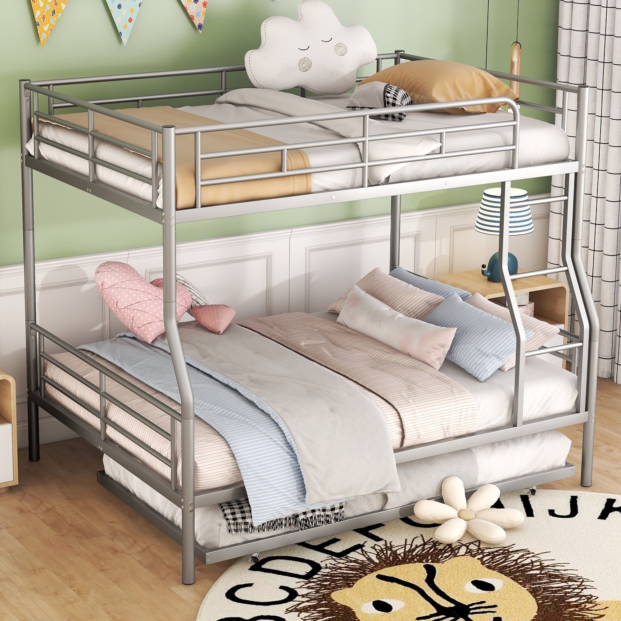 Silver Metal Full XL Over Queen Bunk Bed with Trundle Space Saver Bed