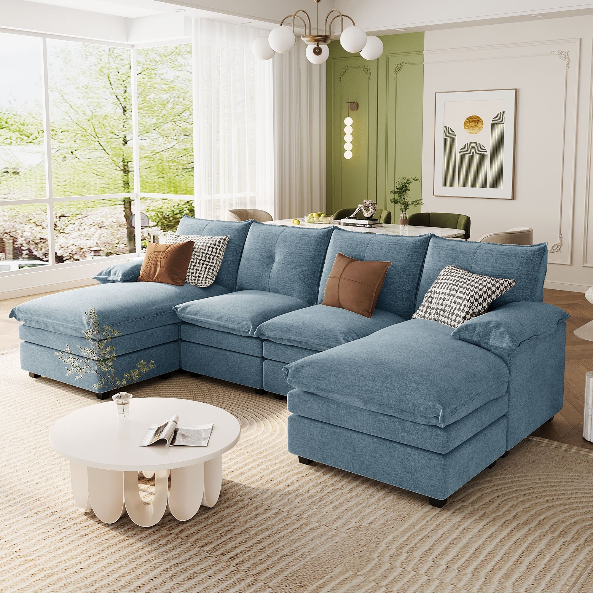 U-Shaped Chenille Sectional Sofa w/ Adjustable Armrests