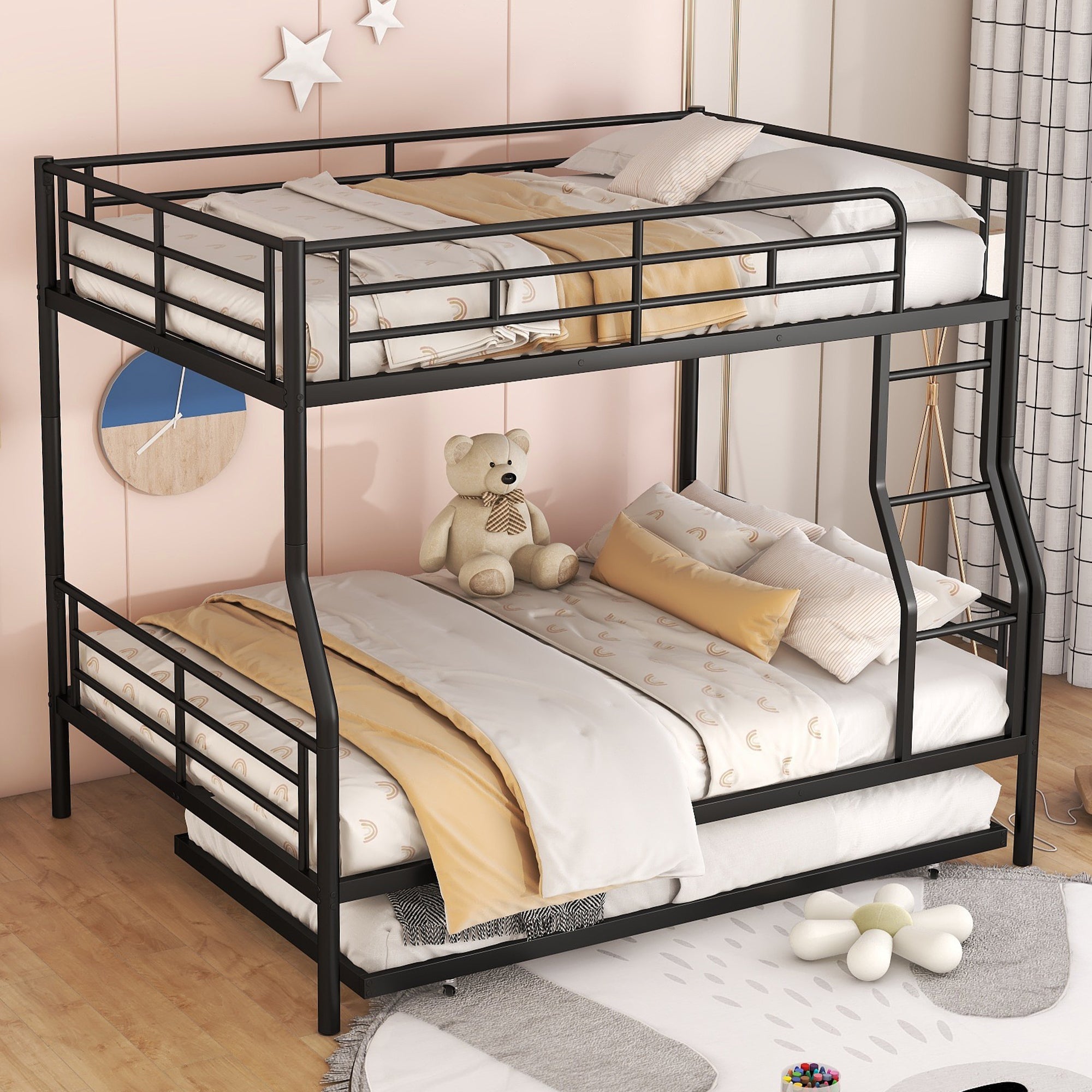 Black Full XL Over Queen Metal Bunk Bed with Trundle