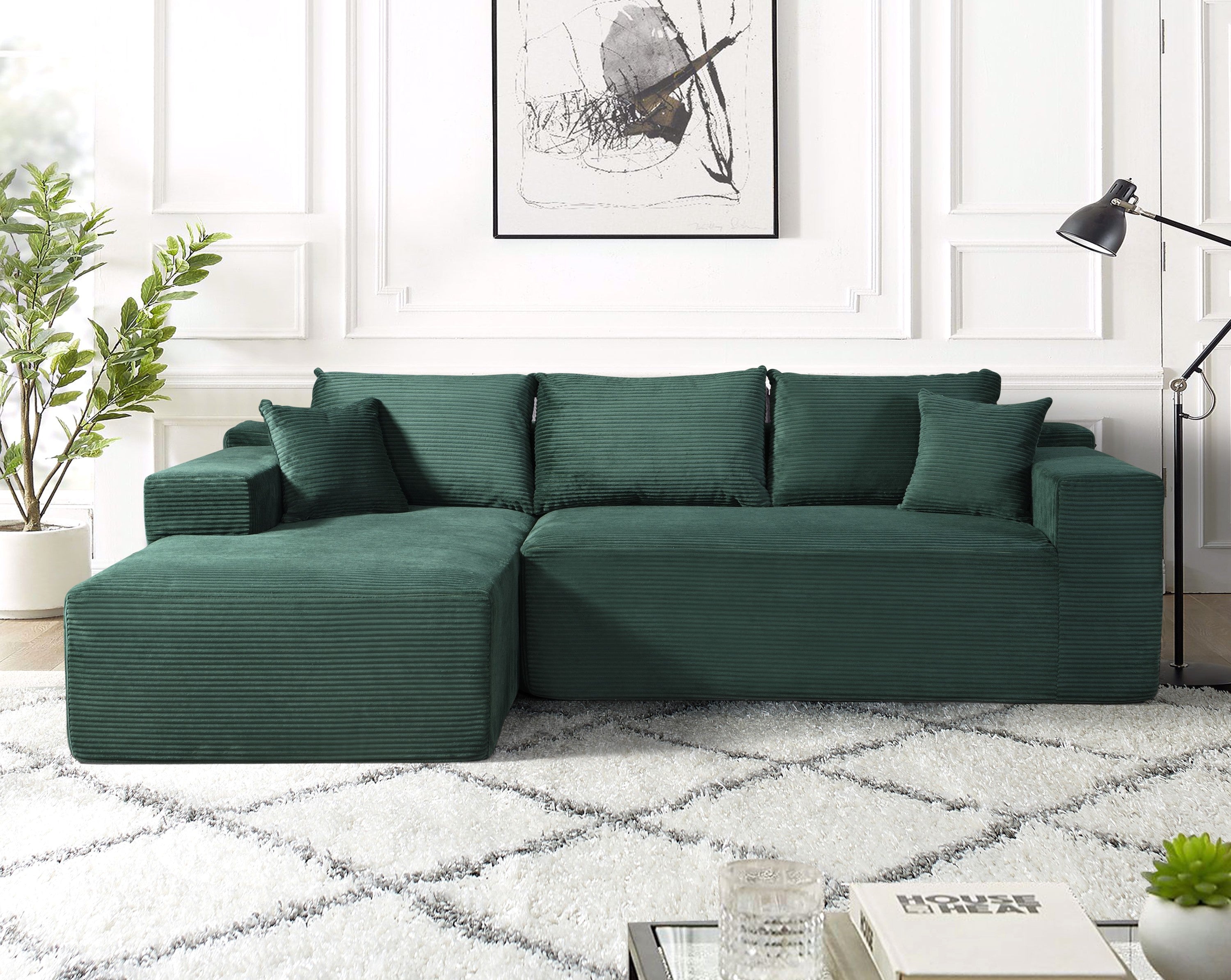 3-Seater Dark Green Corduroy L-Shaped Convertible Sectional