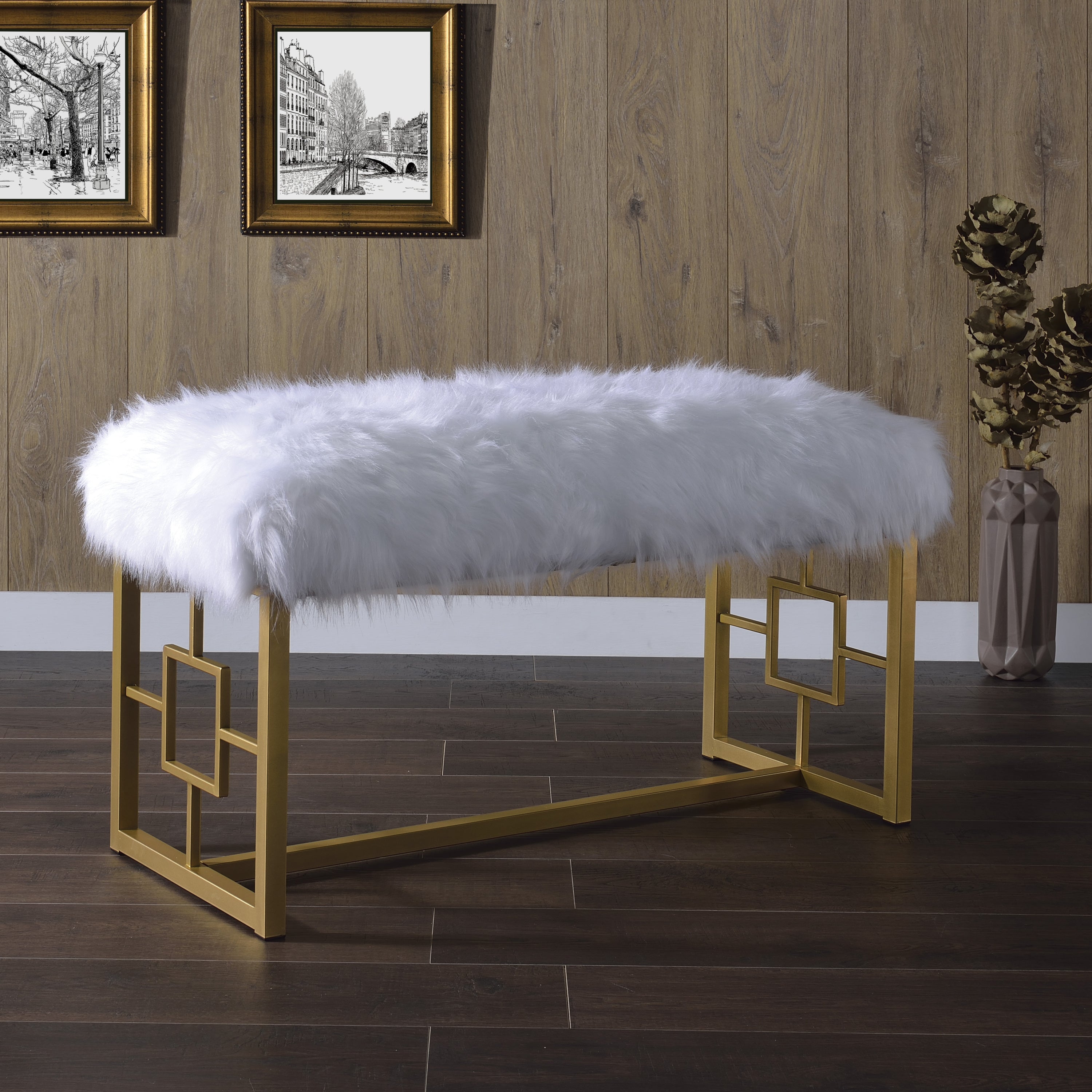 Luxury White & Gold Sled Base Bench - Modern Seating
