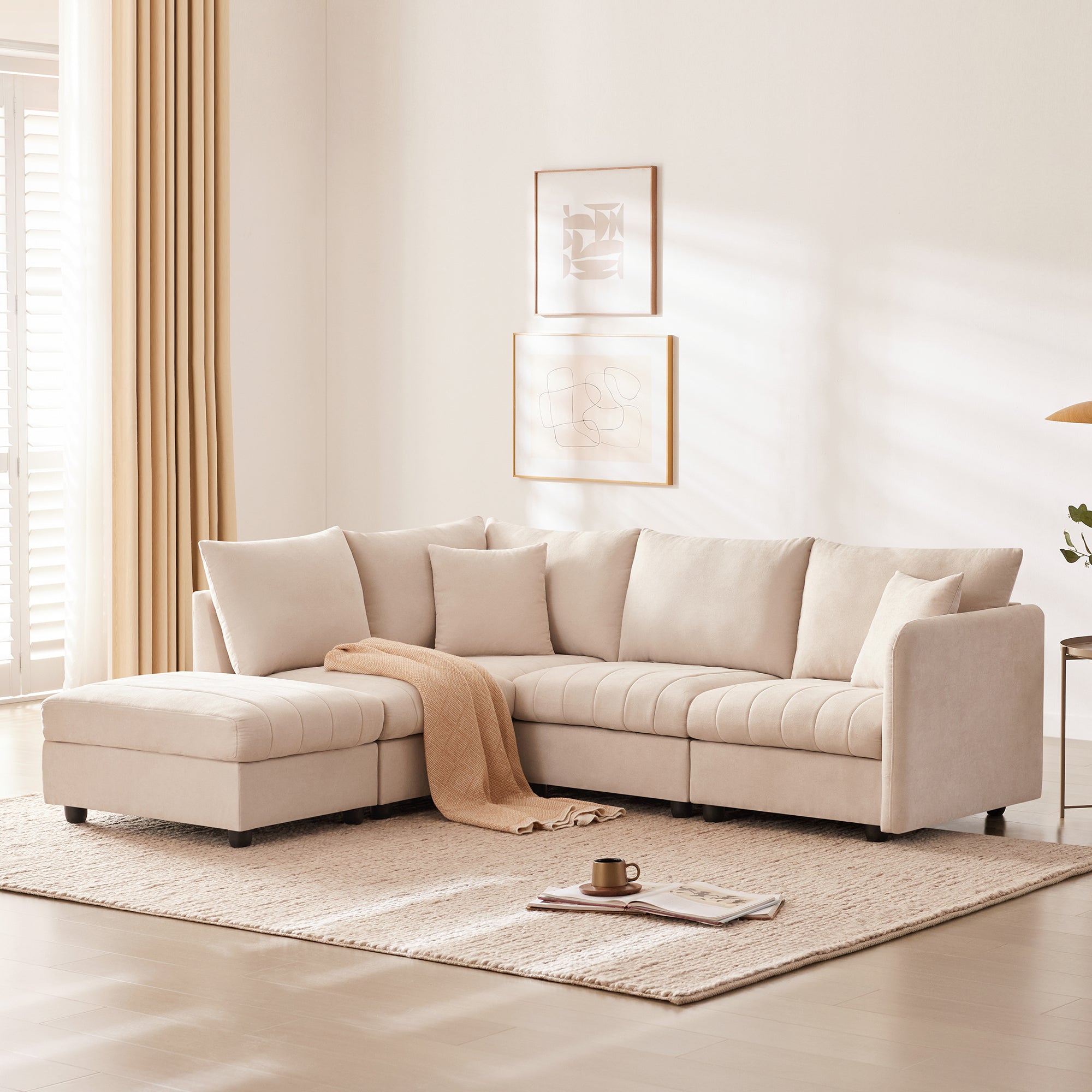 Modern L-Shaped Sectional Sofa, Deep Seat & Ottoman