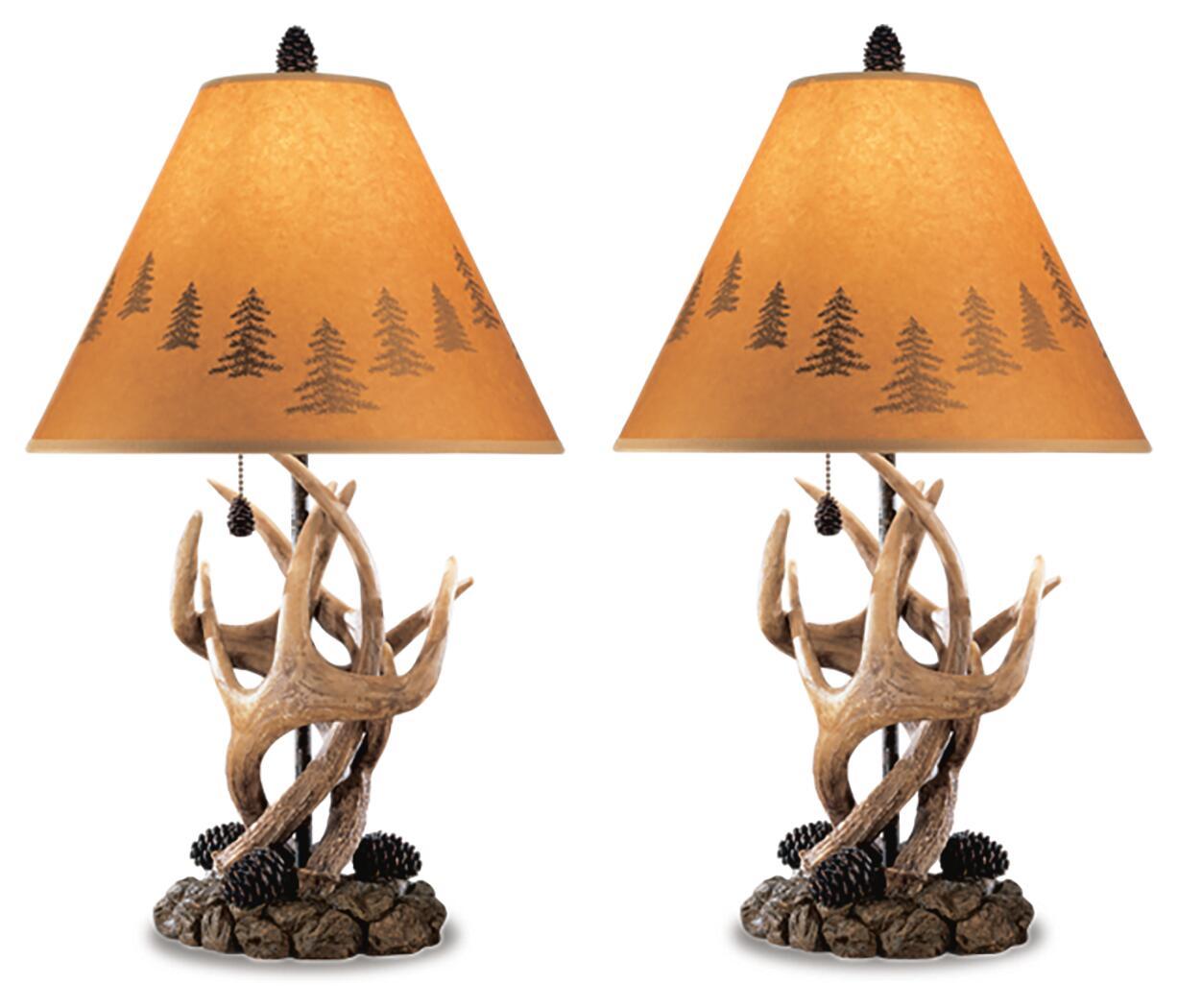Derek table lamp set of 2 with amber shade, pine print, and antler base
