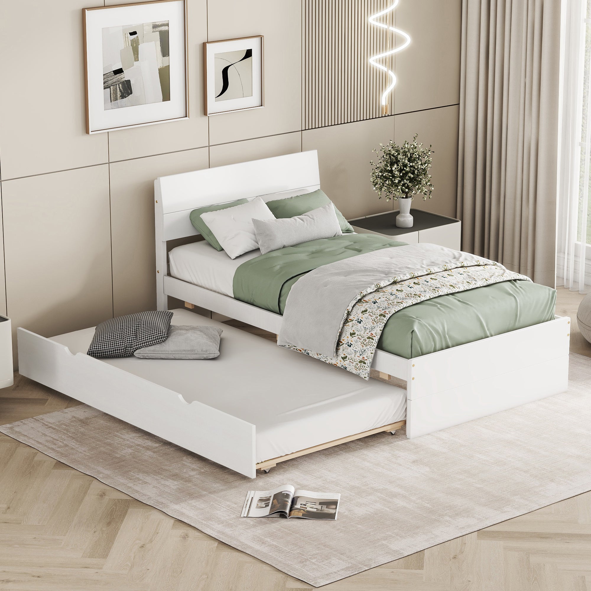 Modern Twin Bed Frame w/ Trundle & White Headboard