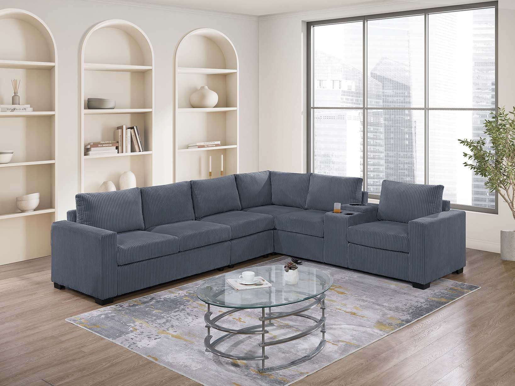 Modern Dark Gray Corduroy 6pc Sectional Living Room Couch