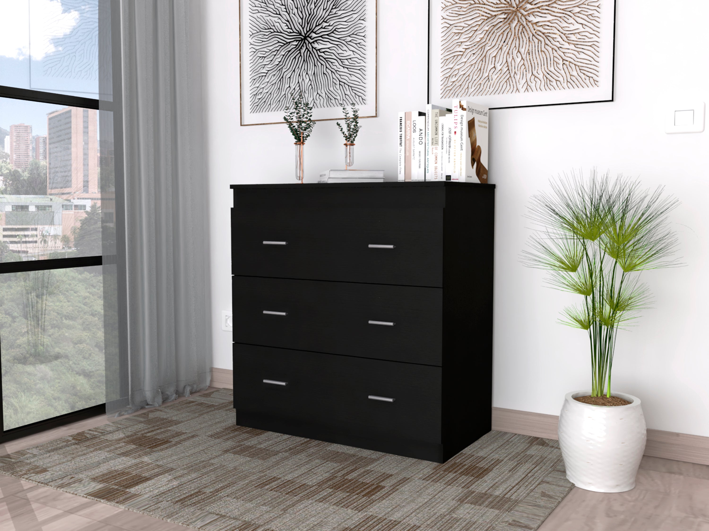 Georgia 3-Drawer Dresser - Black, Metal Handles, Superior Top