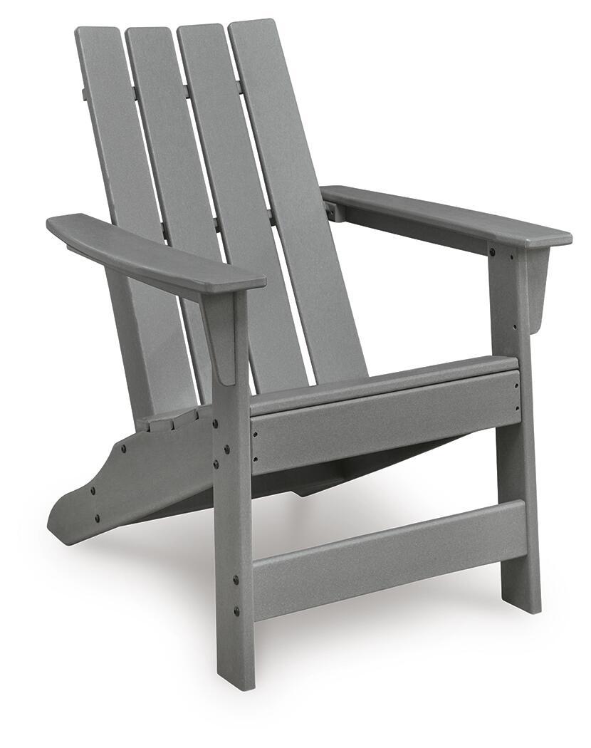 Gray Adirondack chair with slatted back and armrests