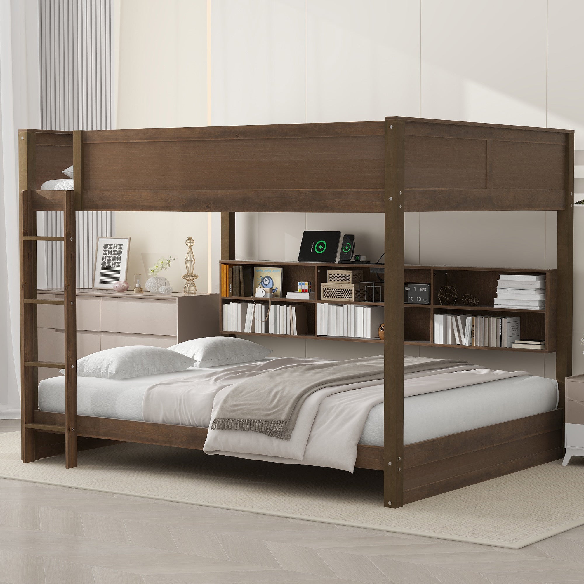 Queen Over Queen Bunk Bed: Storage, USB, Antique Wood Finish