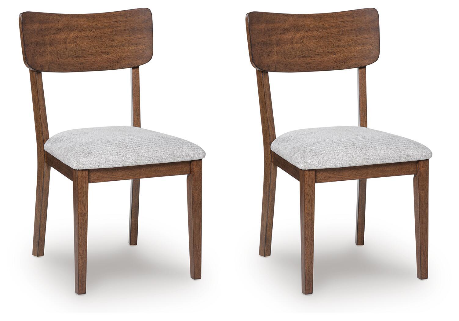 Brown dining side chairs, curved wood backs, light gray upholstered seats, set of 2