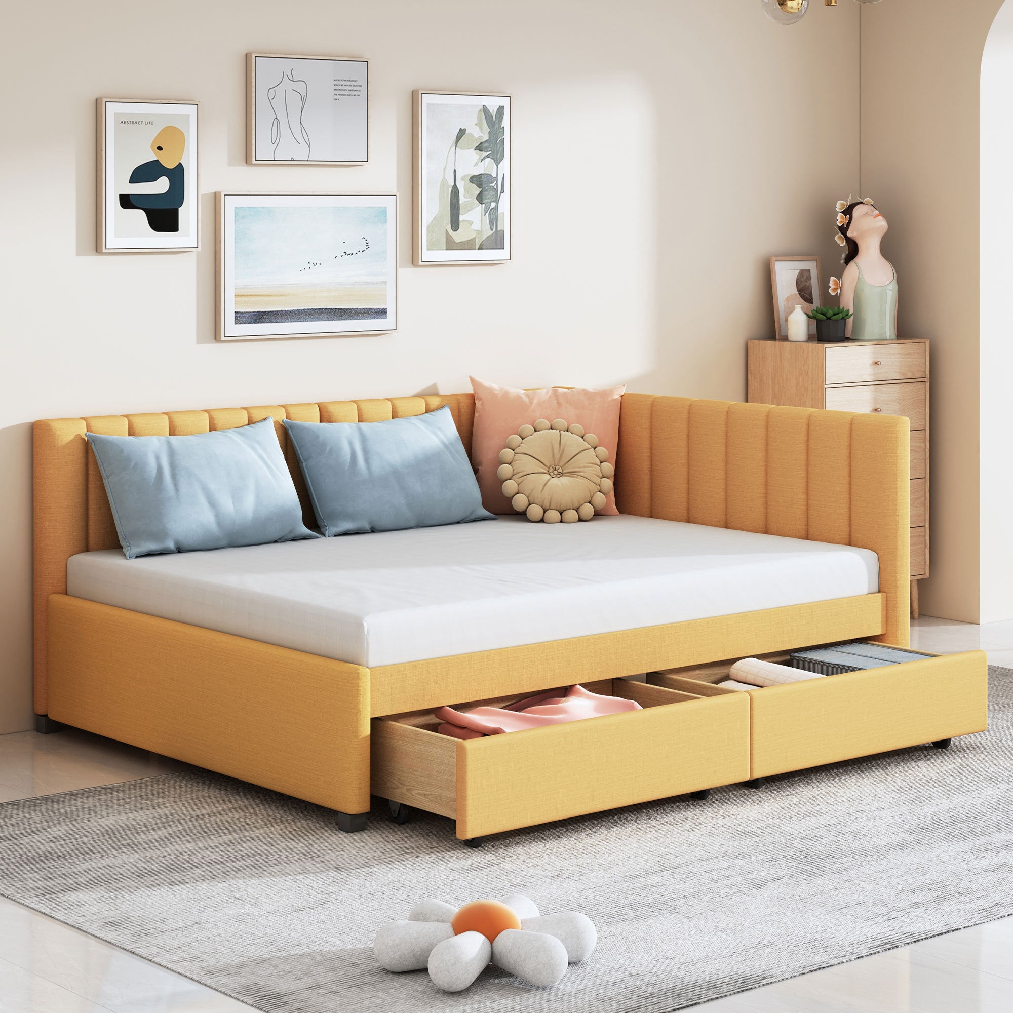 Yellow Full Size Upholstered Daybed Sofa Bed Storage No Box Spring