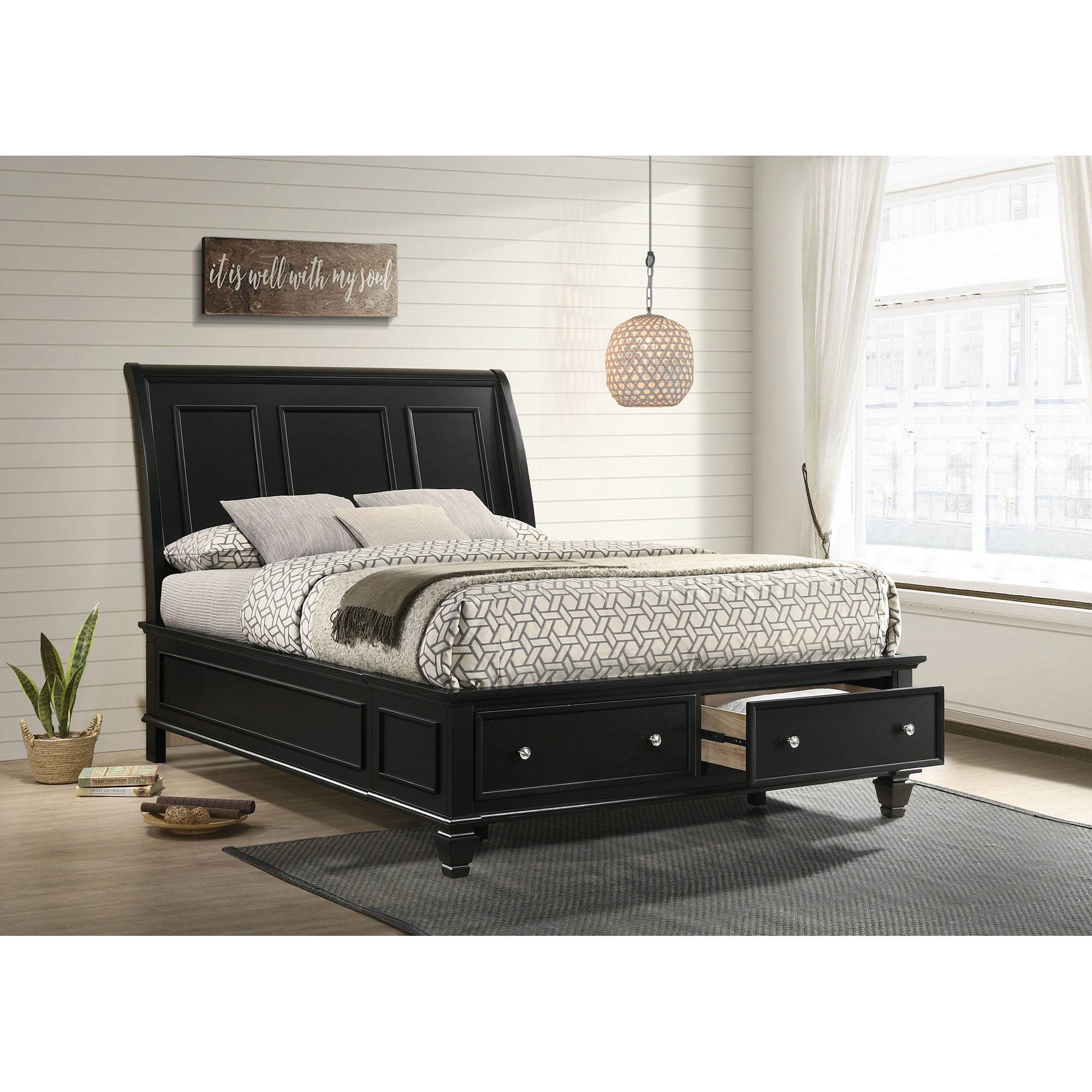 Fresnes Black Queen Bed with 2-Drawer Storage