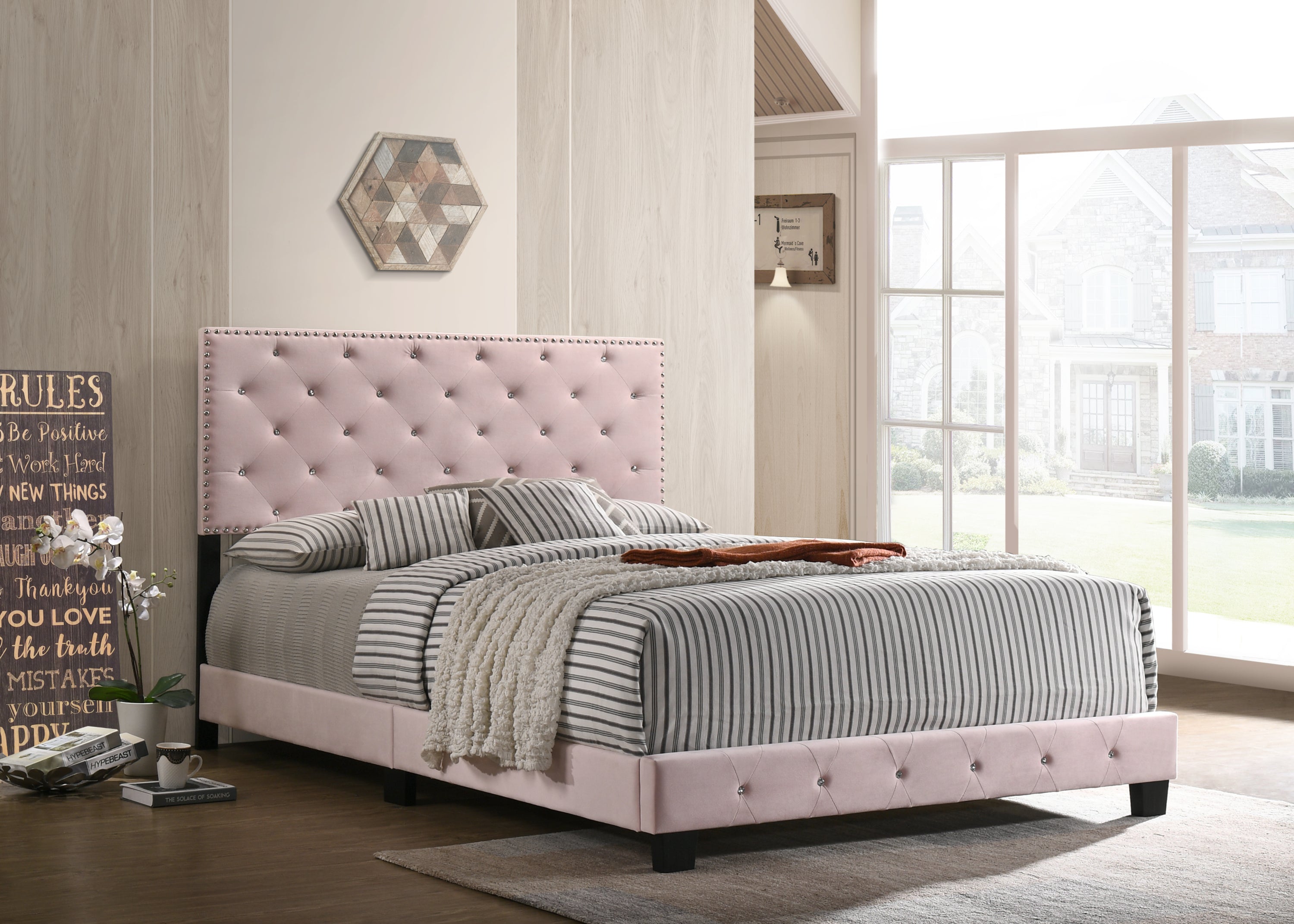 Charming Pink Transitional King Bed: Experience Ultimate Comfort & Style