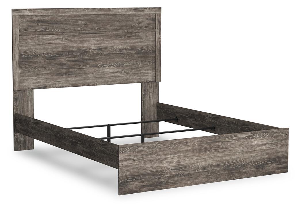 Dark gray wood panel bed frame with open slats and low footboard, front angle